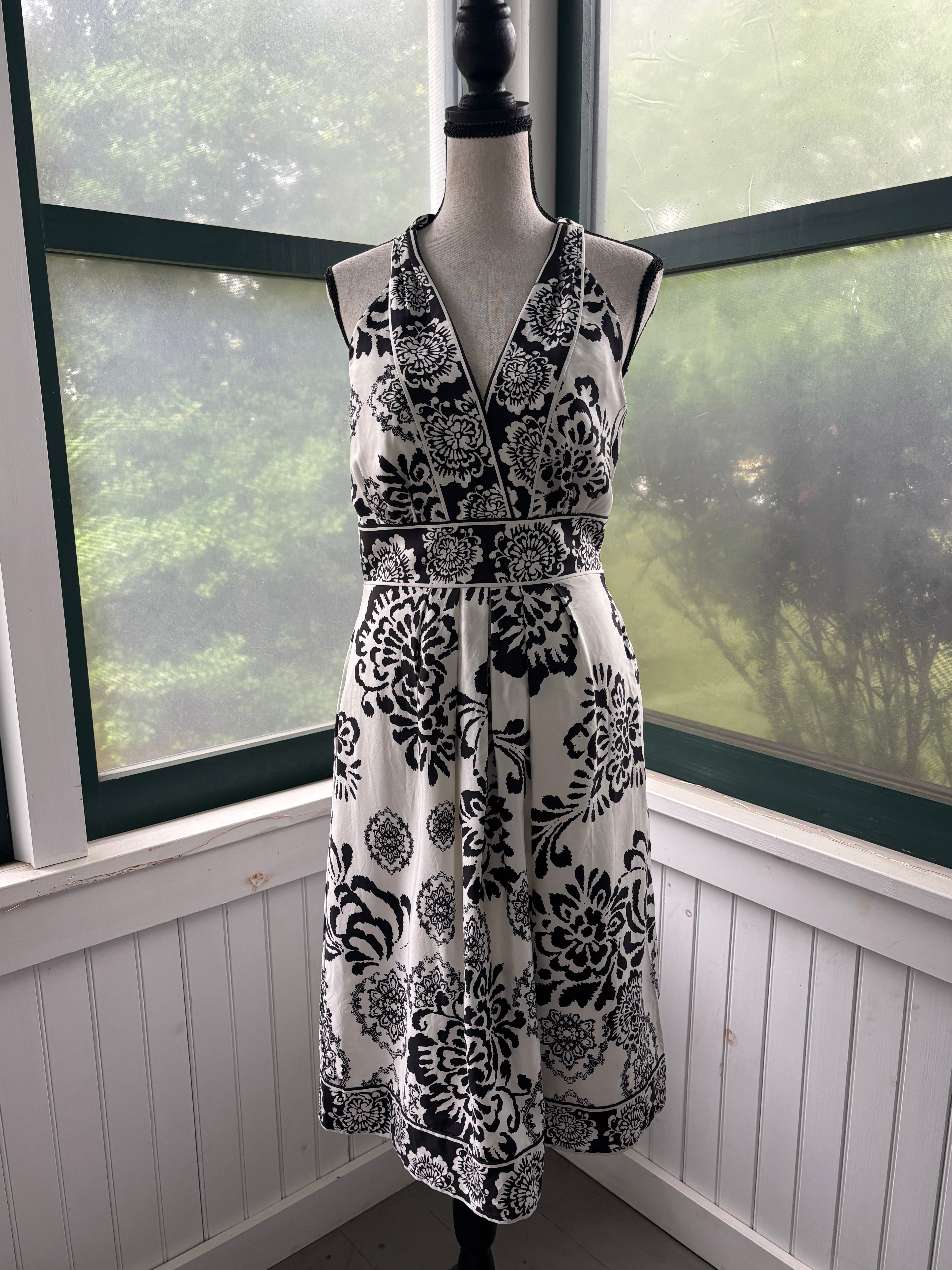 White House Black Market Black & White Damask Silk Halter Midi Dress | Size 6 | Like New