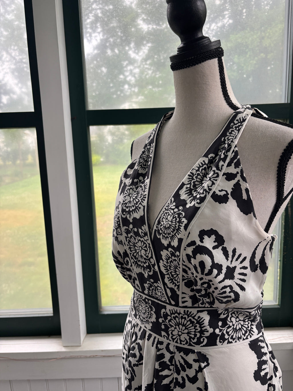 White House Black Market Black & White Damask Silk Halter Midi Dress | Size 6 | Like New