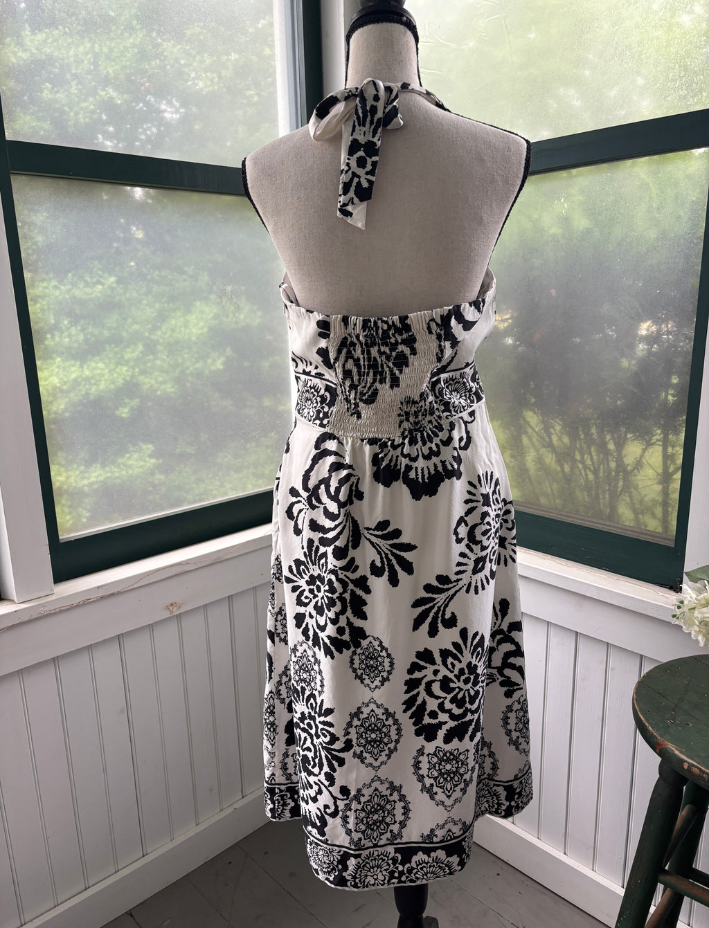 White House Black Market Black & White Damask Silk Halter Midi Dress | Size 6 | Like New