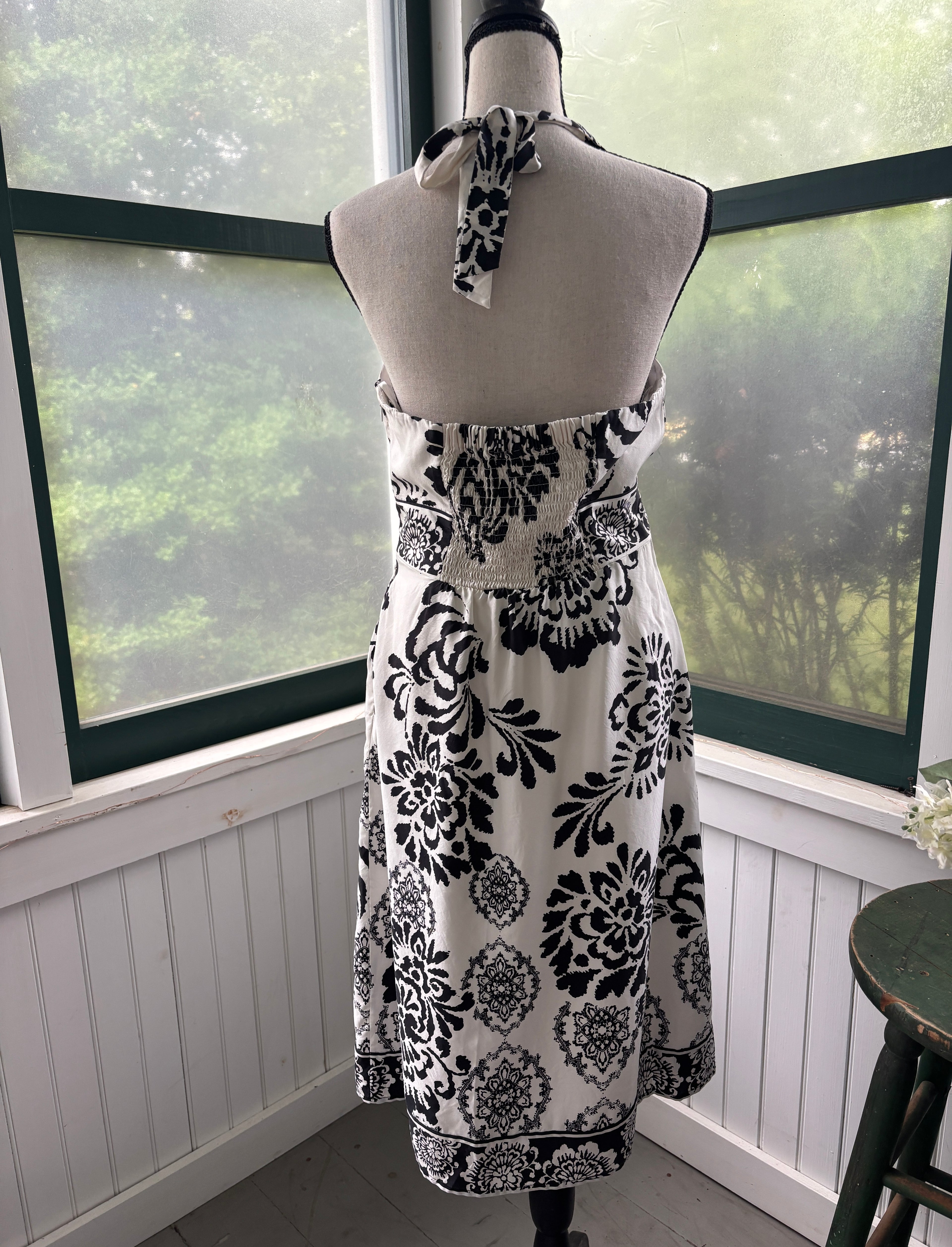 White House Black Market Black & White Damask Silk Halter Midi Dress | Size 6 | Like New