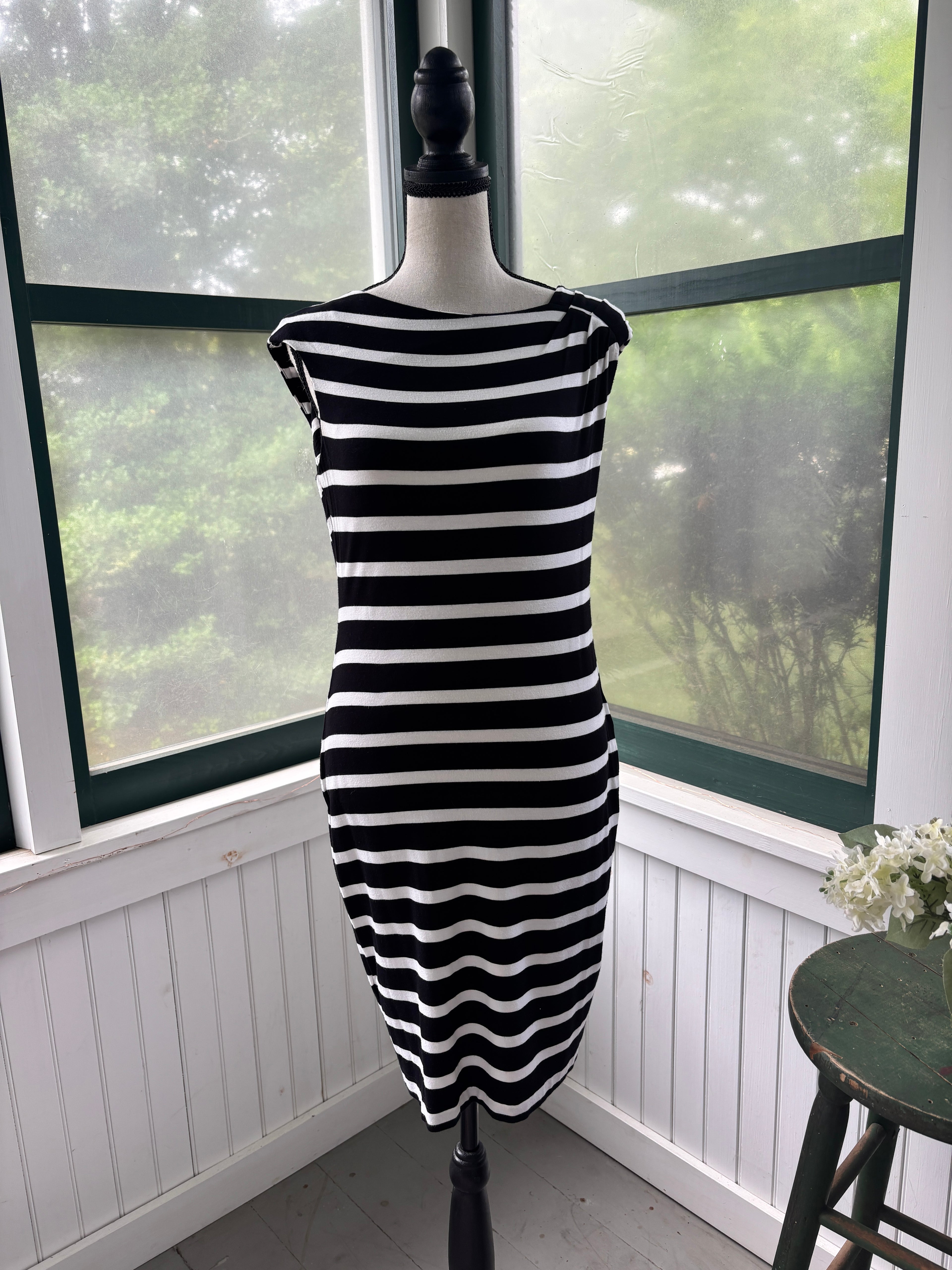 Calvin Klein Black & White Stripe Knit Midi Dress | Boat Neck | Size 6 | Like New