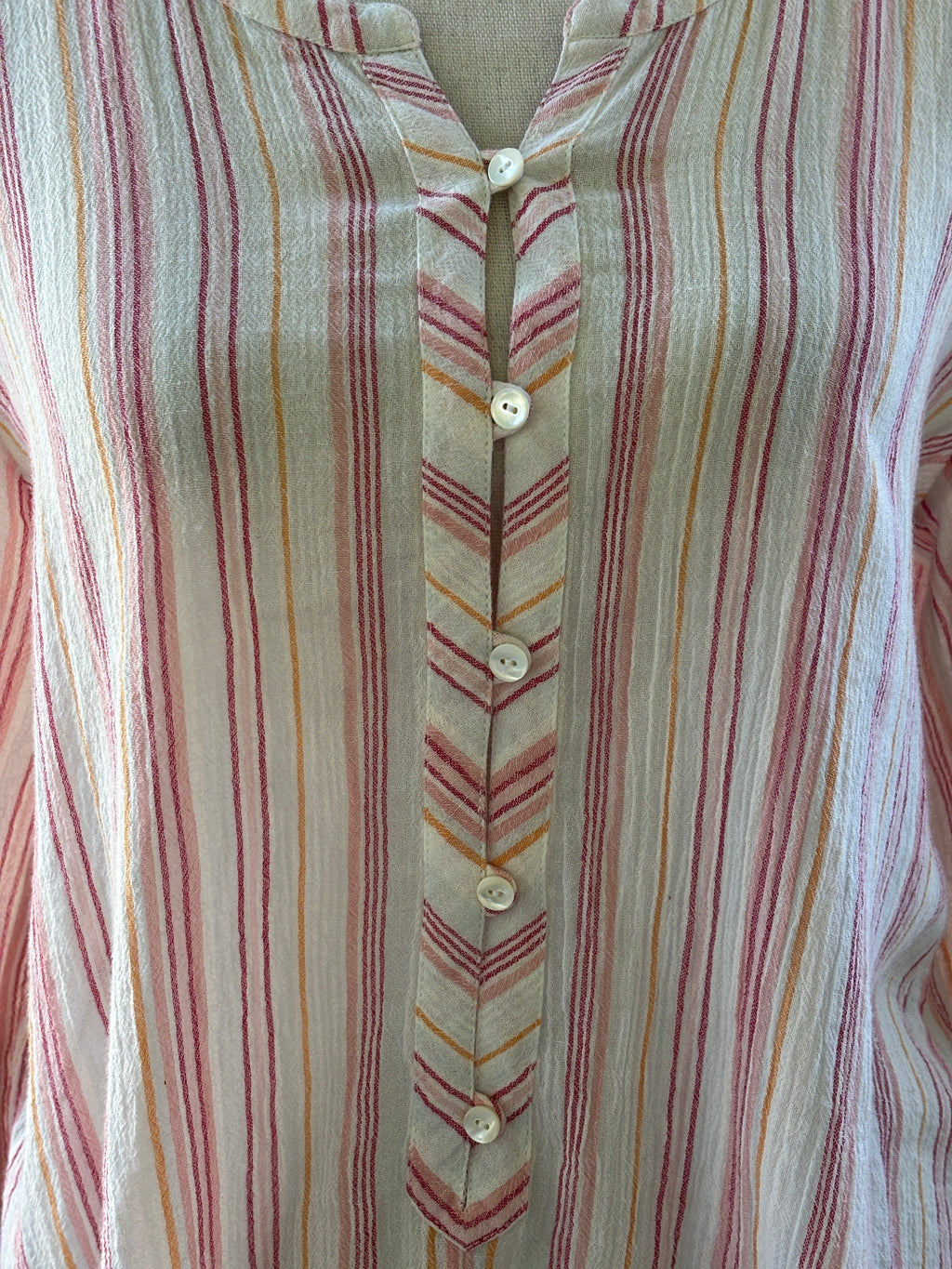 Calypso St. Barth Multi-Stripe Gauze Blouse | Ivory, Pink & Gold | Long Sleeve | Size S | Like New