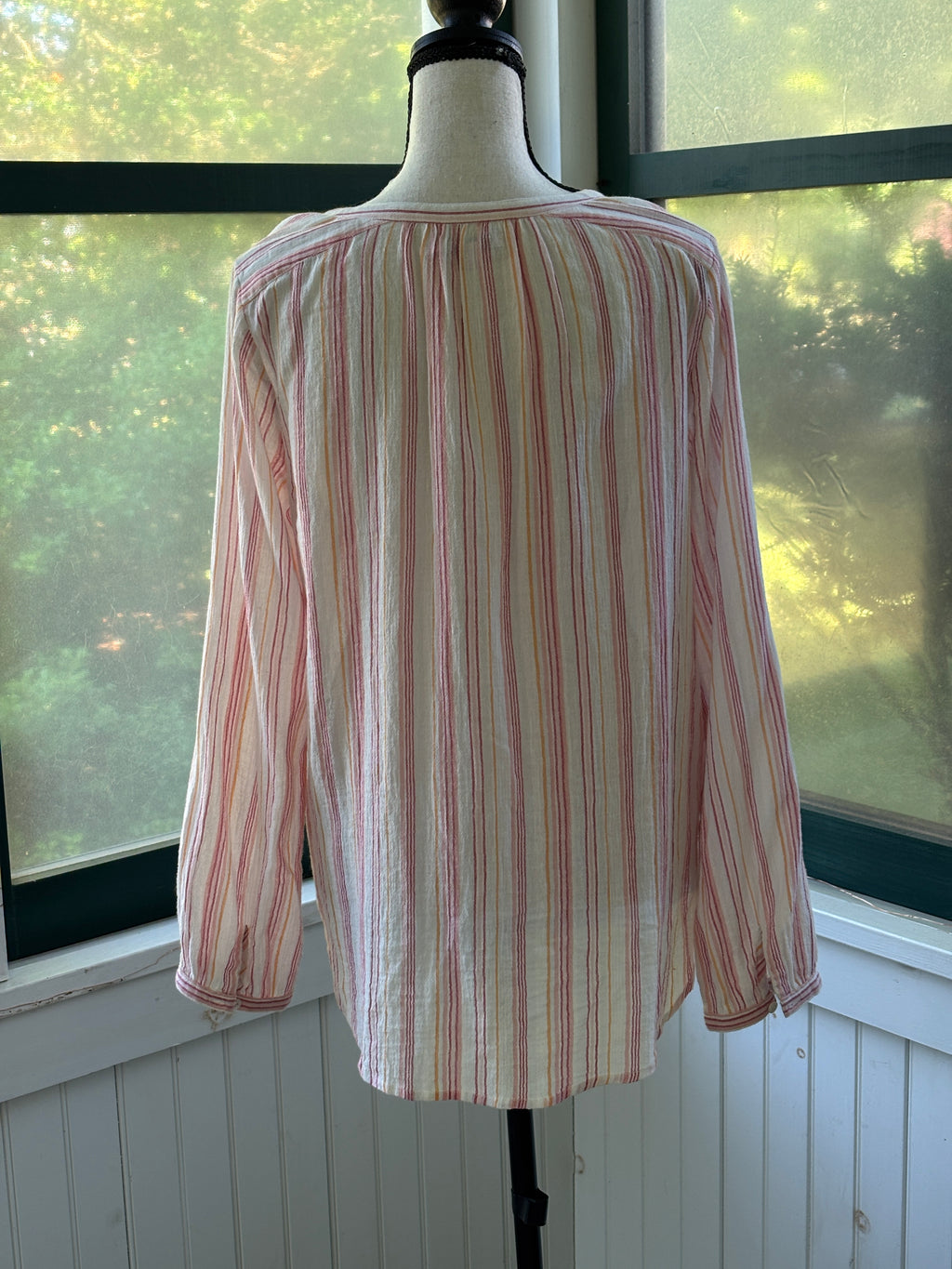 Calypso St. Barth Multi-Stripe Gauze Blouse | Ivory, Pink & Gold | Long Sleeve | Size S | Like New