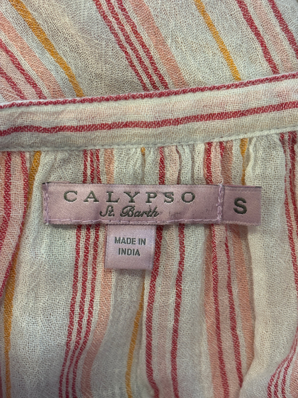 Calypso St. Barth Multi-Stripe Gauze Blouse | Ivory, Pink & Gold | Long Sleeve | Size S | Like New