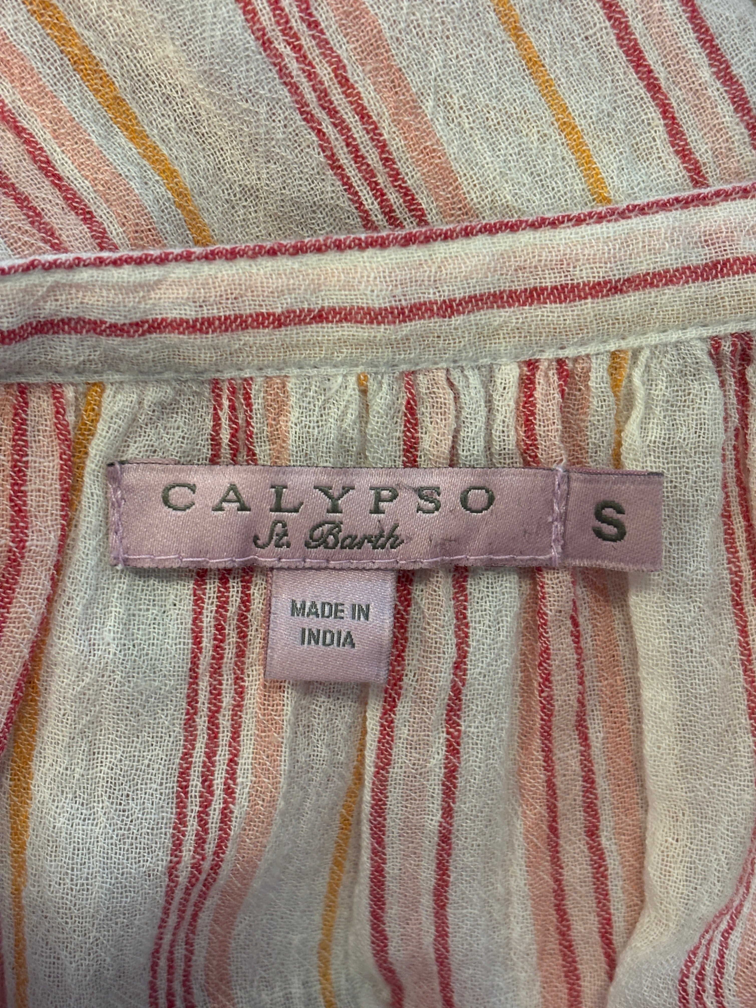 Calypso St. Barth Multi-Stripe Gauze Blouse | Ivory, Pink & Gold | Long Sleeve | Size S | Like New
