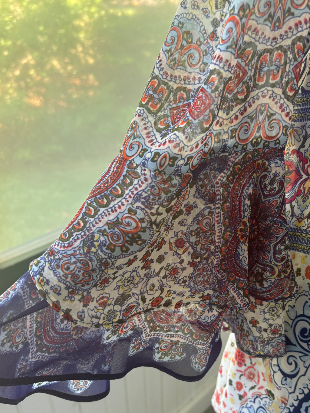 Coco Bianco Paisley Medallion Cold Shoulder Blouse | Bell Sleeves | Size S | Like New