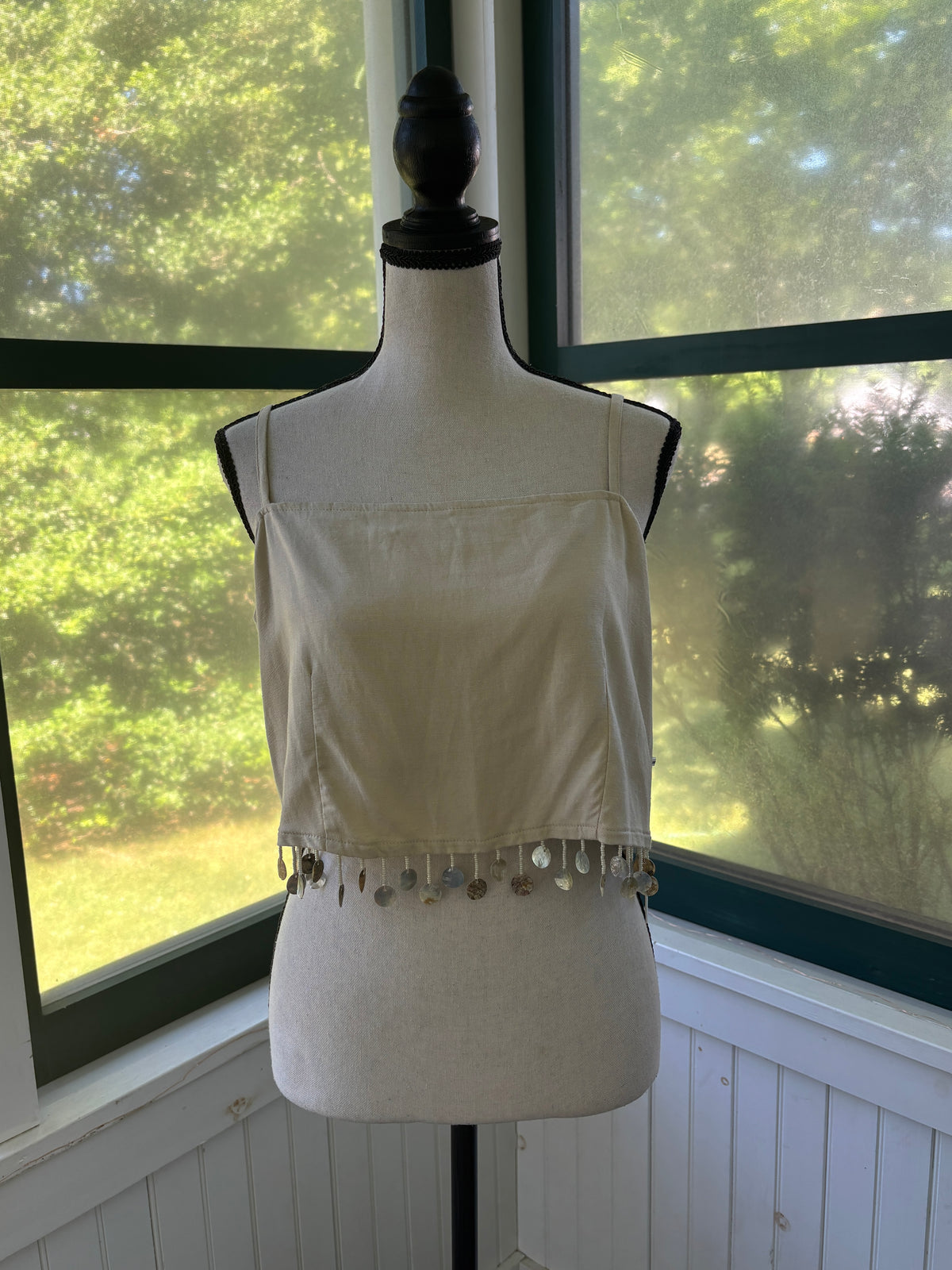 Jason Wu Natural Linen Blend Crop Top | Shell Fringe Hem | Size 10 | New with Tags