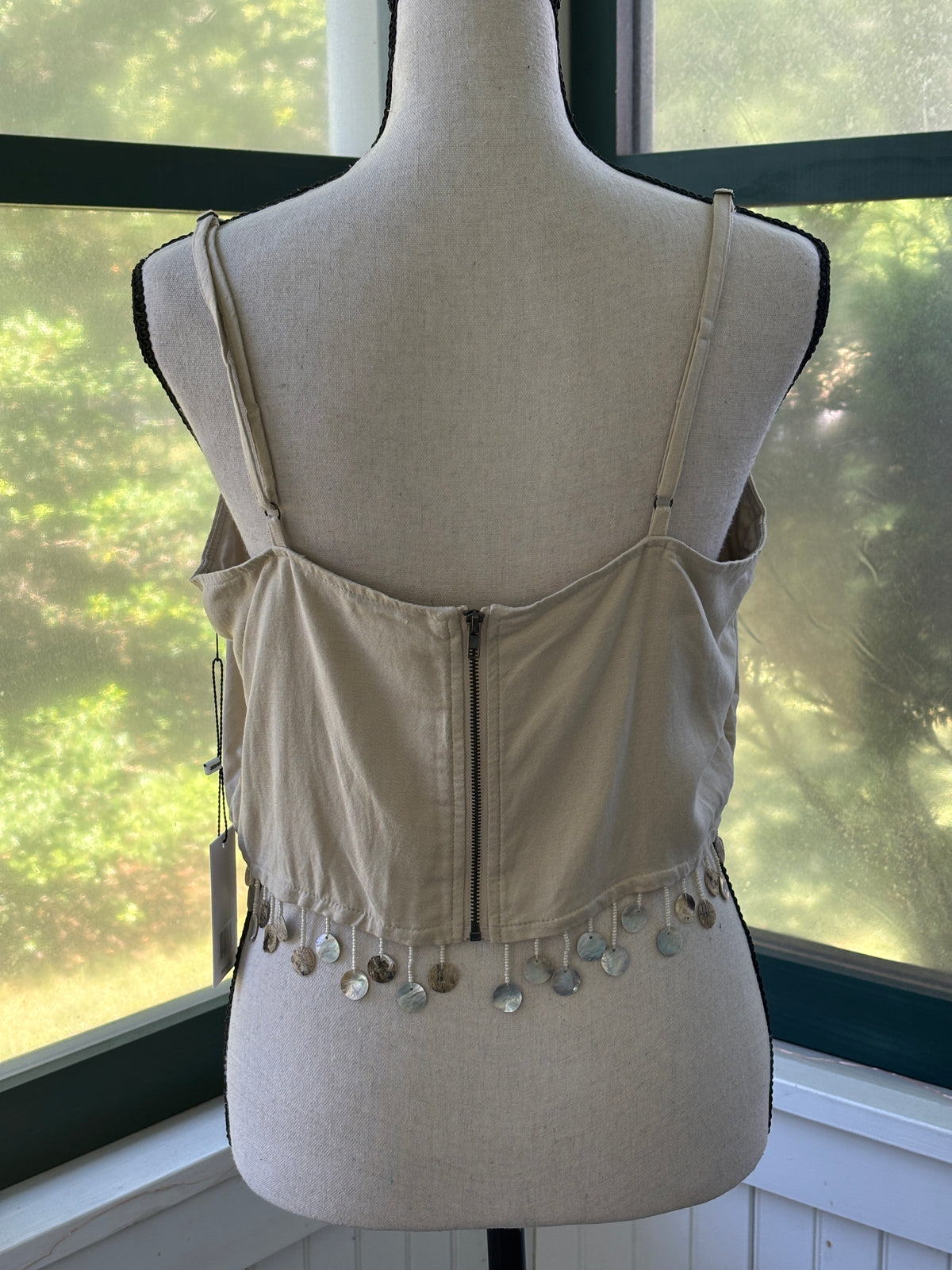 Jason Wu Natural Linen Blend Crop Top | Shell Fringe Hem | Size 10 | New with Tags