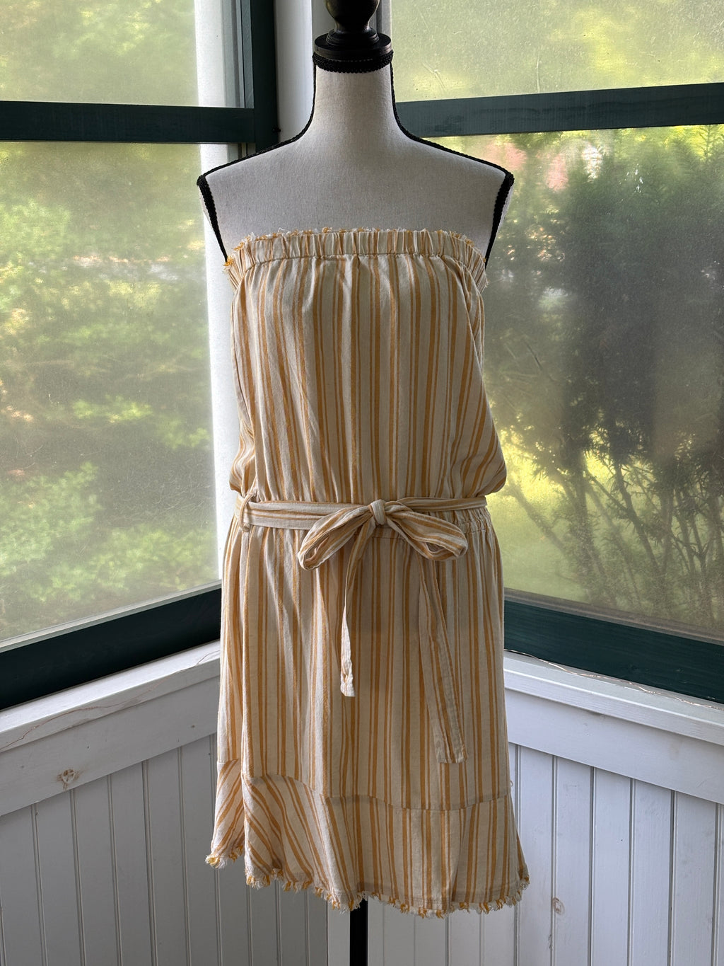 Cloth & Stone Strapless Stripe Mini Dress | Golden Yellow & Cream | Size L | Like New