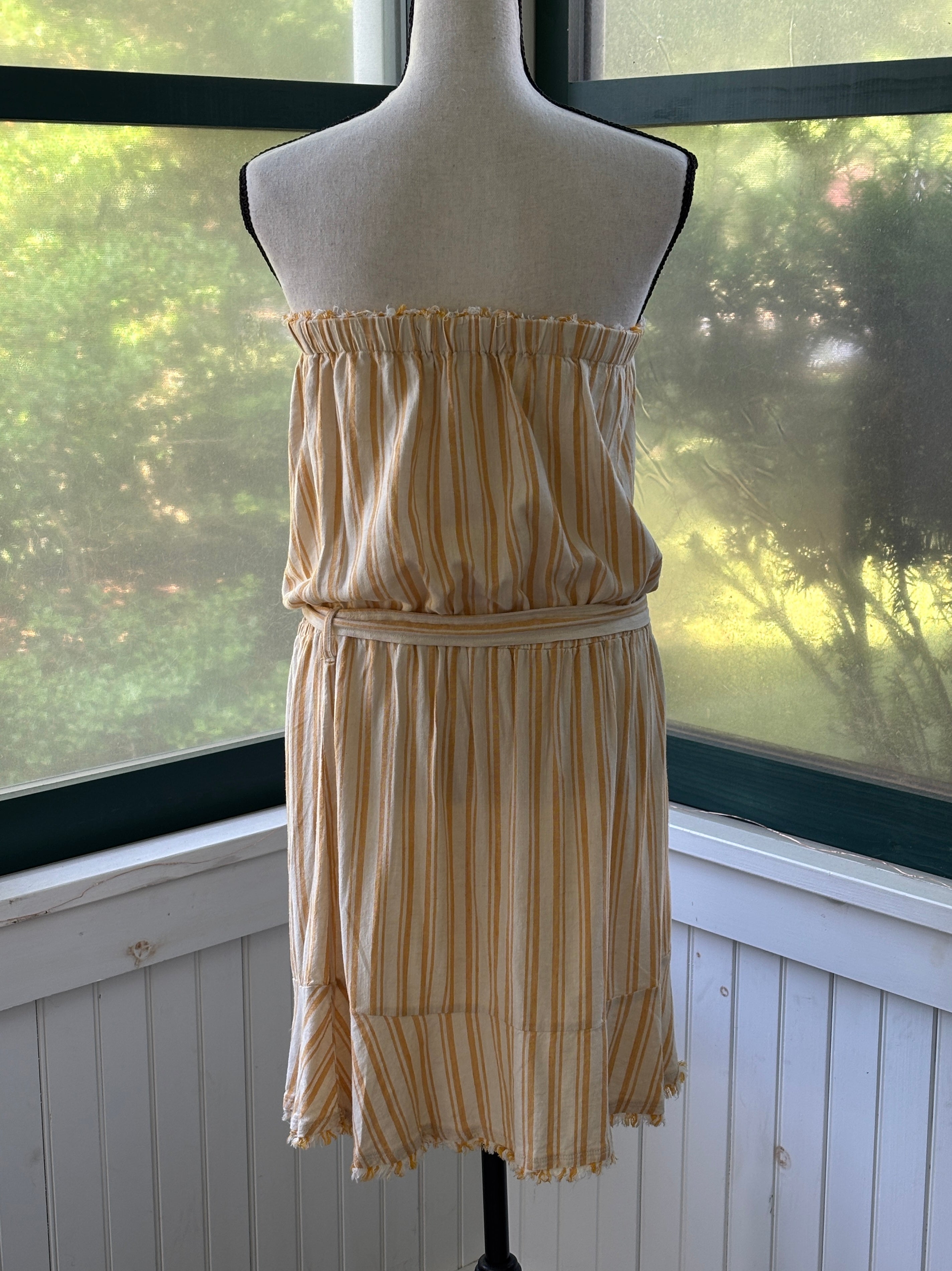 Cloth & Stone Strapless Stripe Mini Dress | Golden Yellow & Cream | Size L | Like New
