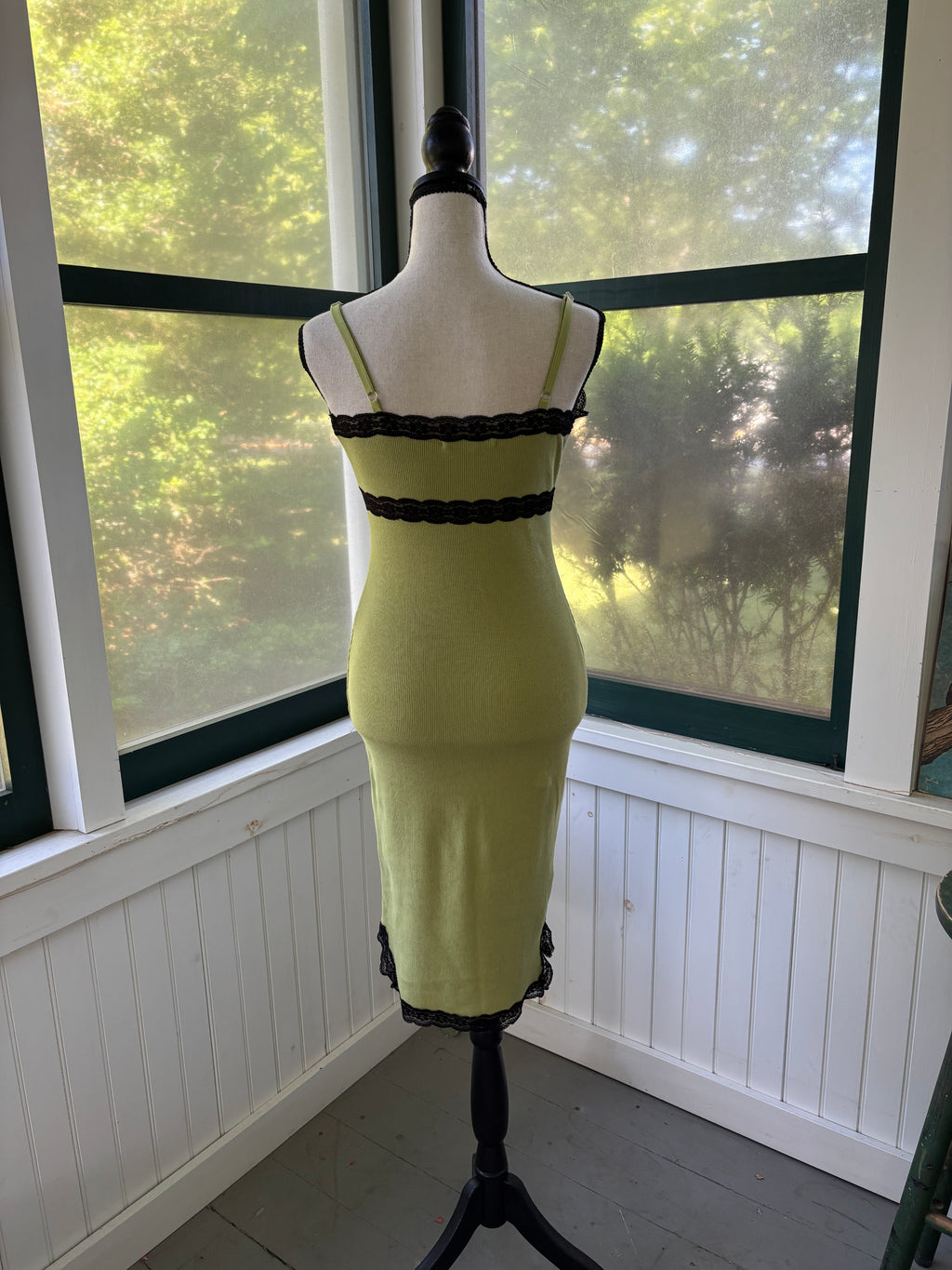 Vince Chartreuse Ribbed Midi Dress | Black Lace Trim | Size S/P | Like New
