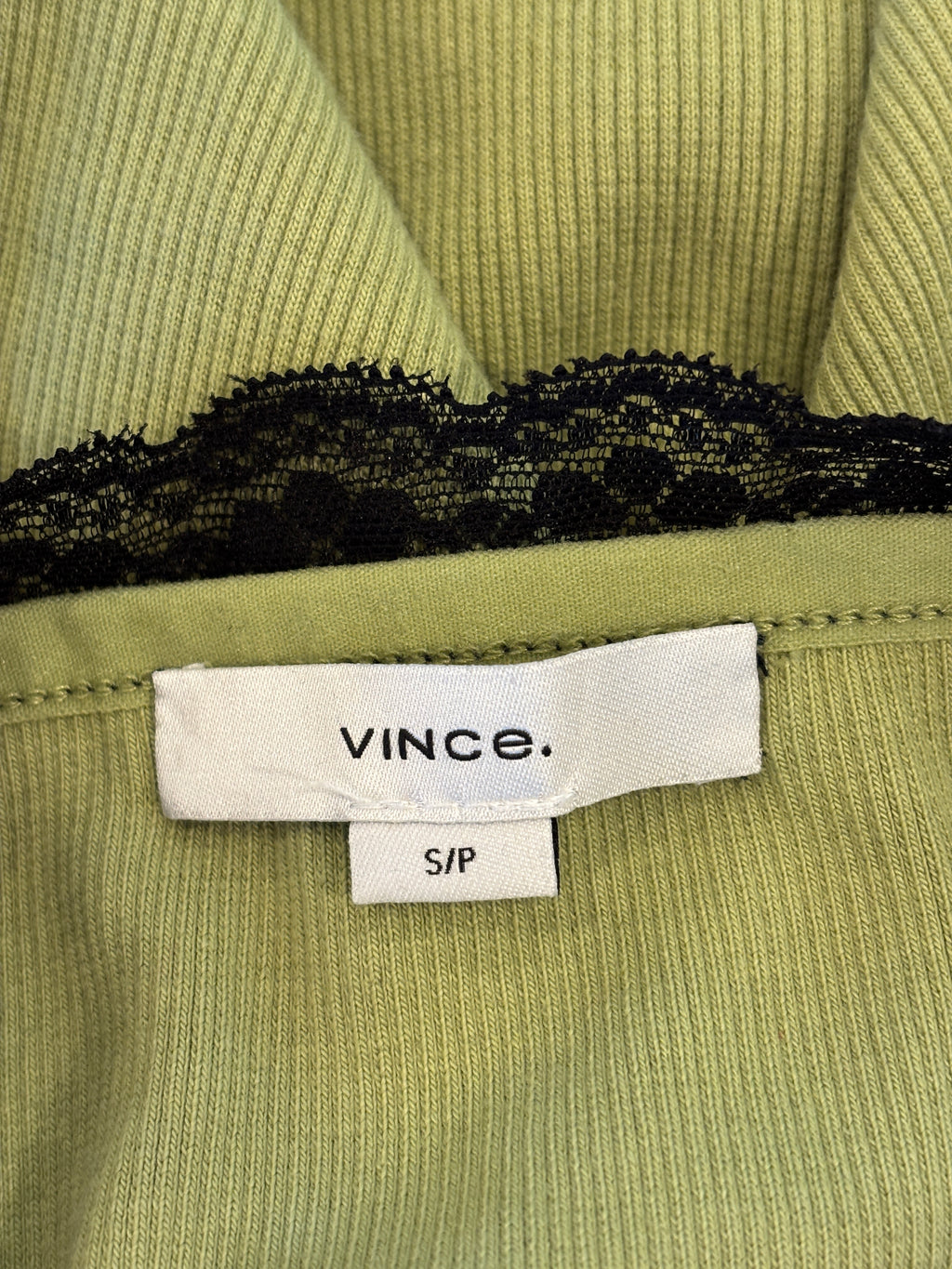 Vince Chartreuse Ribbed Midi Dress | Black Lace Trim | Size S/P | Like New