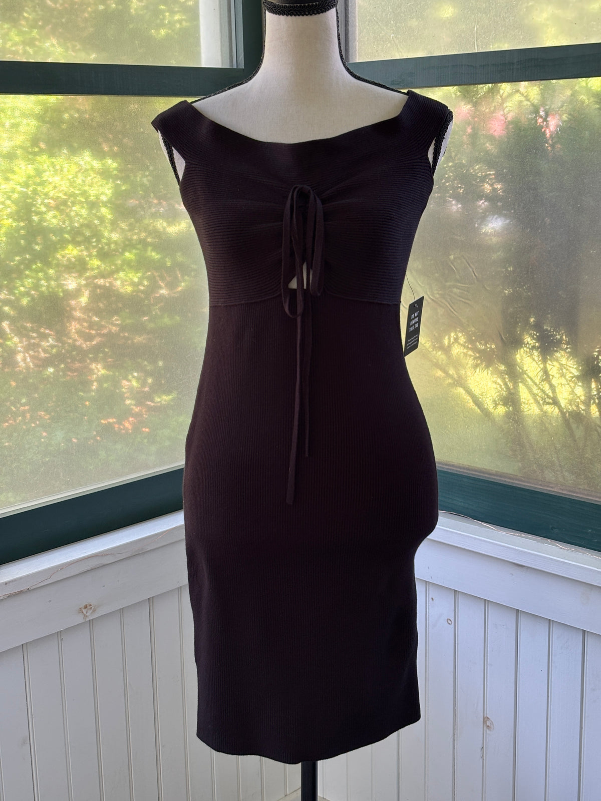 Express Body Contour Ribbed Midi Dress | Black | Tie-Front Cutout | Size M | New with Tags