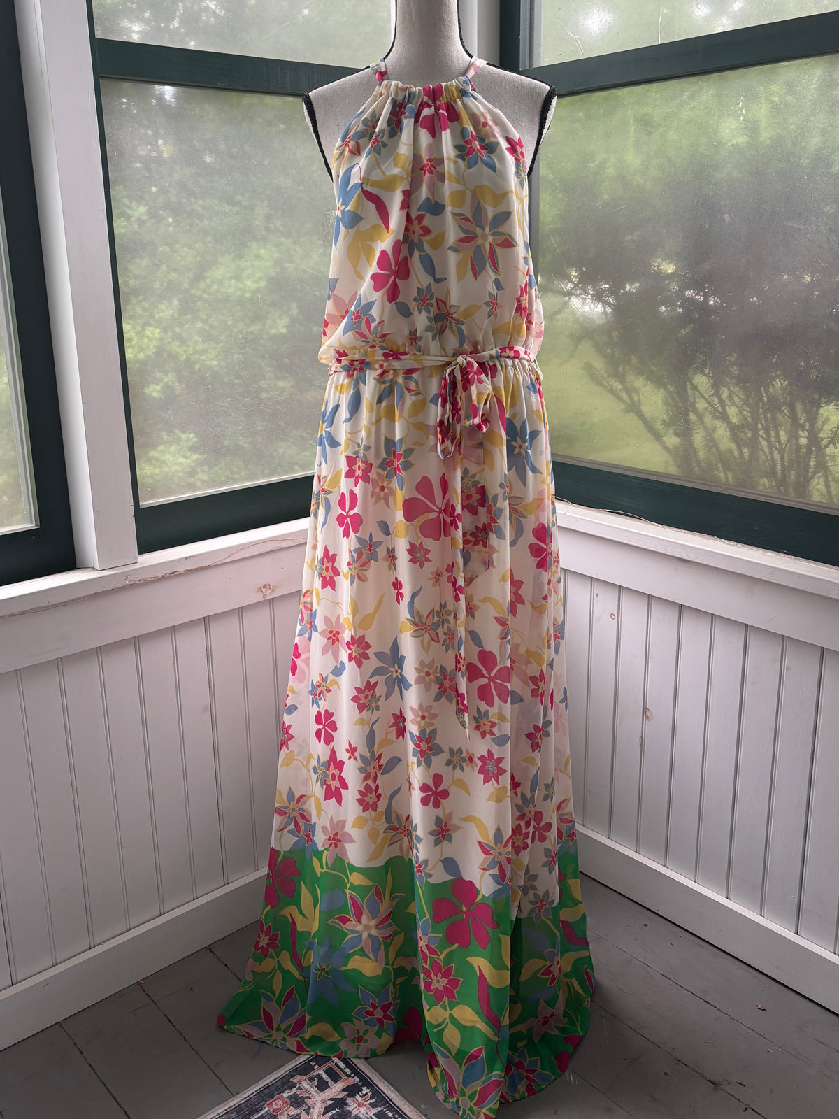 ModCloth Halter Maxi Dress | Cream Floral Green Border Print | Size XL | New with Tags