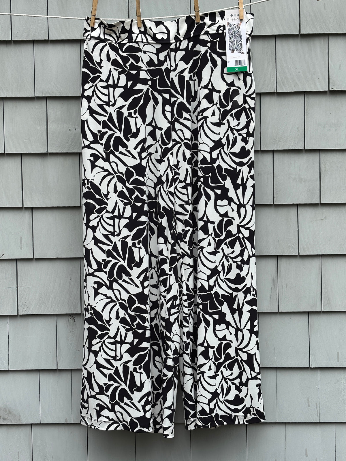 Three Dots Wide-Leg Pull-On Pants | Black & White Leaf Print | Size XL | New with Tags