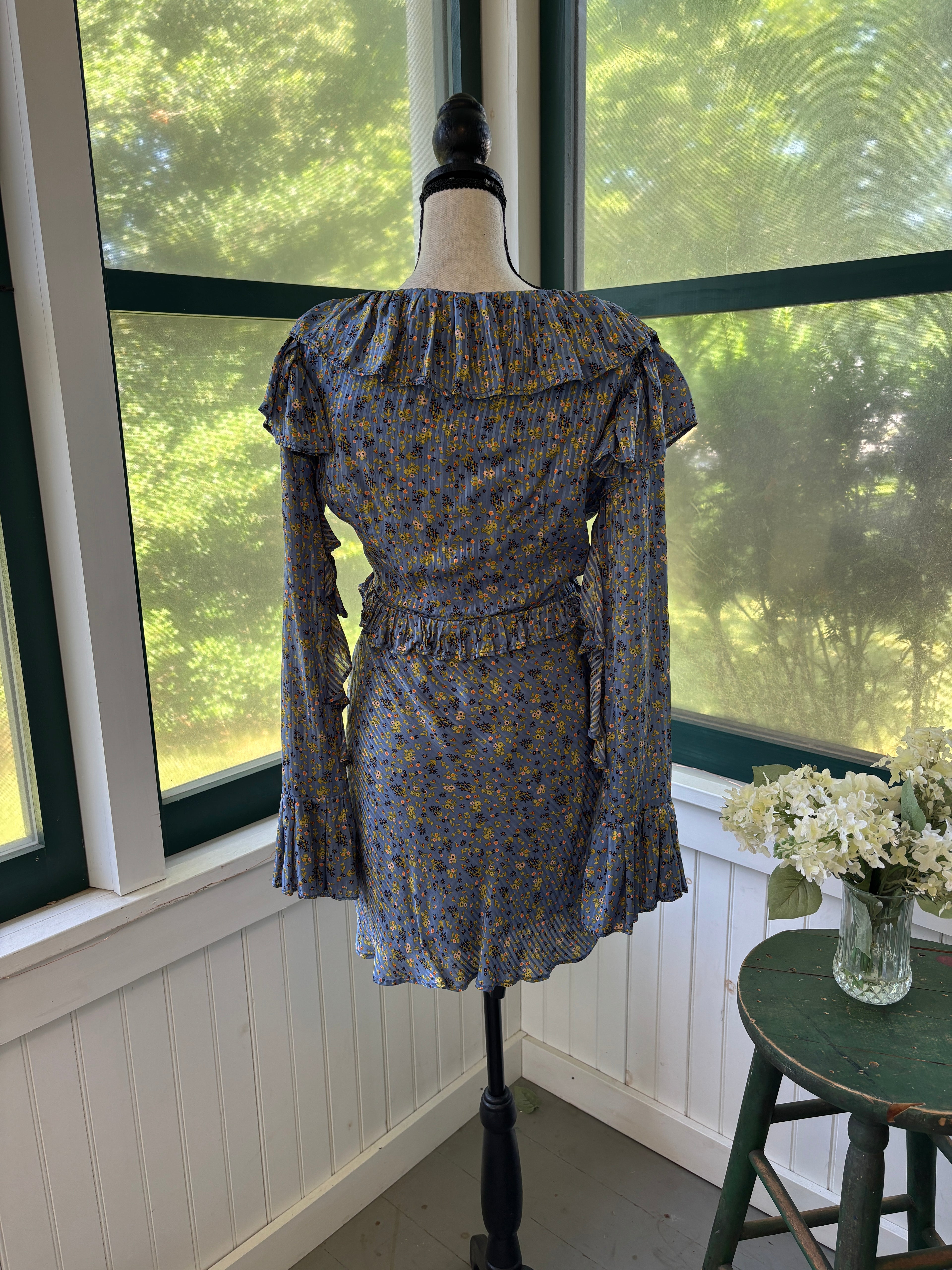 Free People Ruffle V-Neck Floral Mini Dress | Periwinkle Blue | Size 6 | Like New