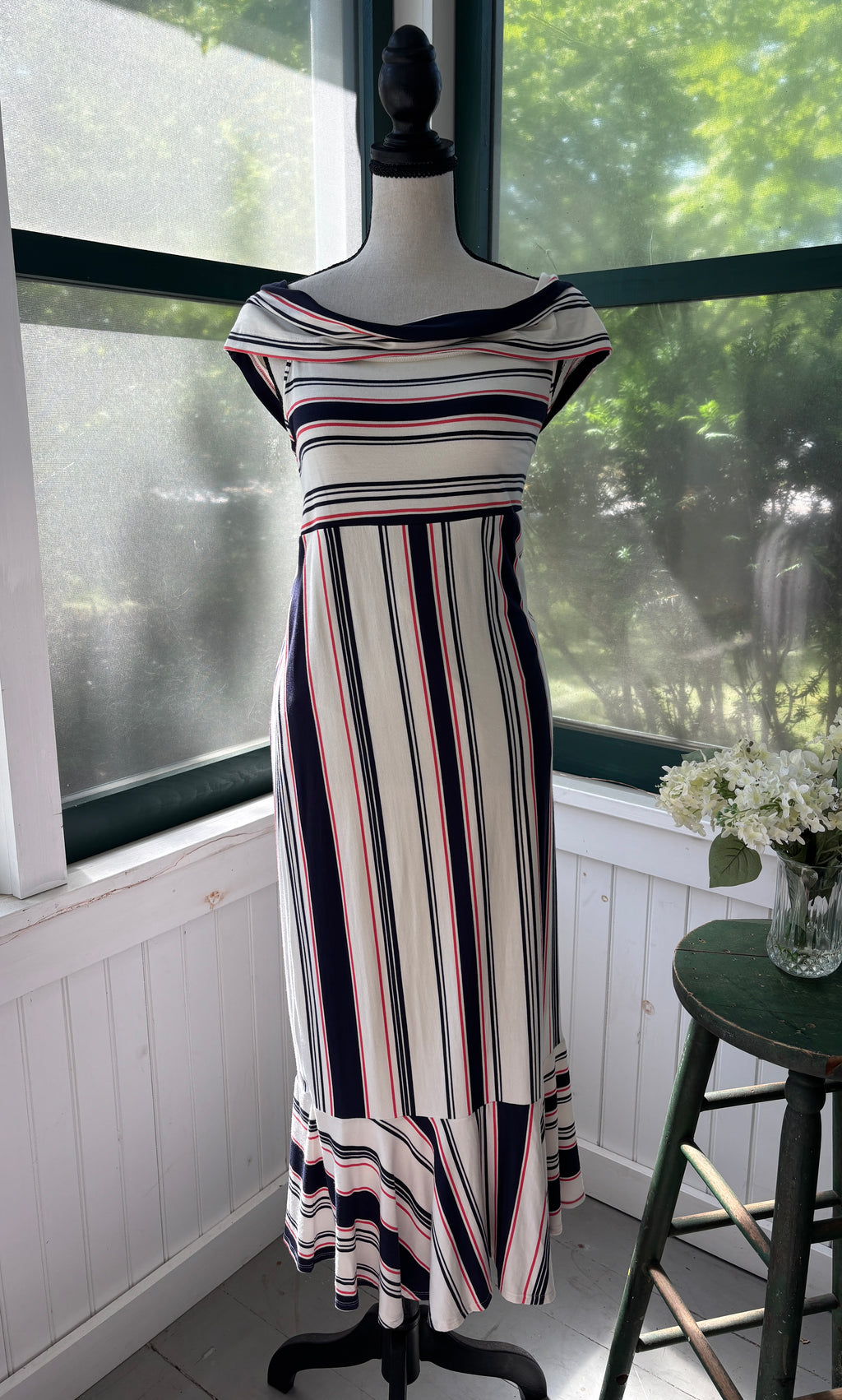 Ella Moss Striped Off-Shoulder Midi Dress | Navy, Red & White | Size M | Like New
