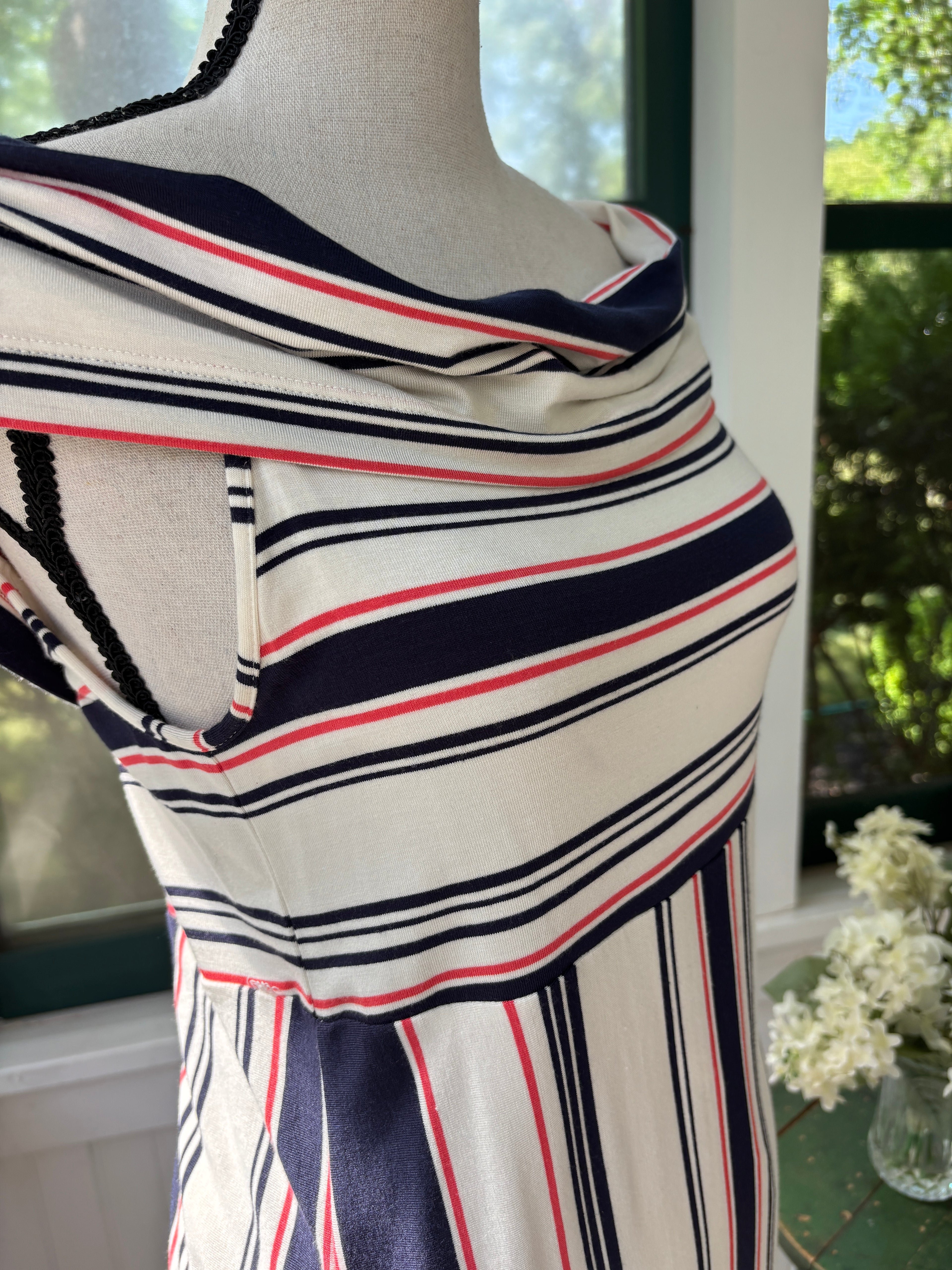 Ella Moss Striped Off-Shoulder Midi Dress | Navy, Red & White | Size M | Like New