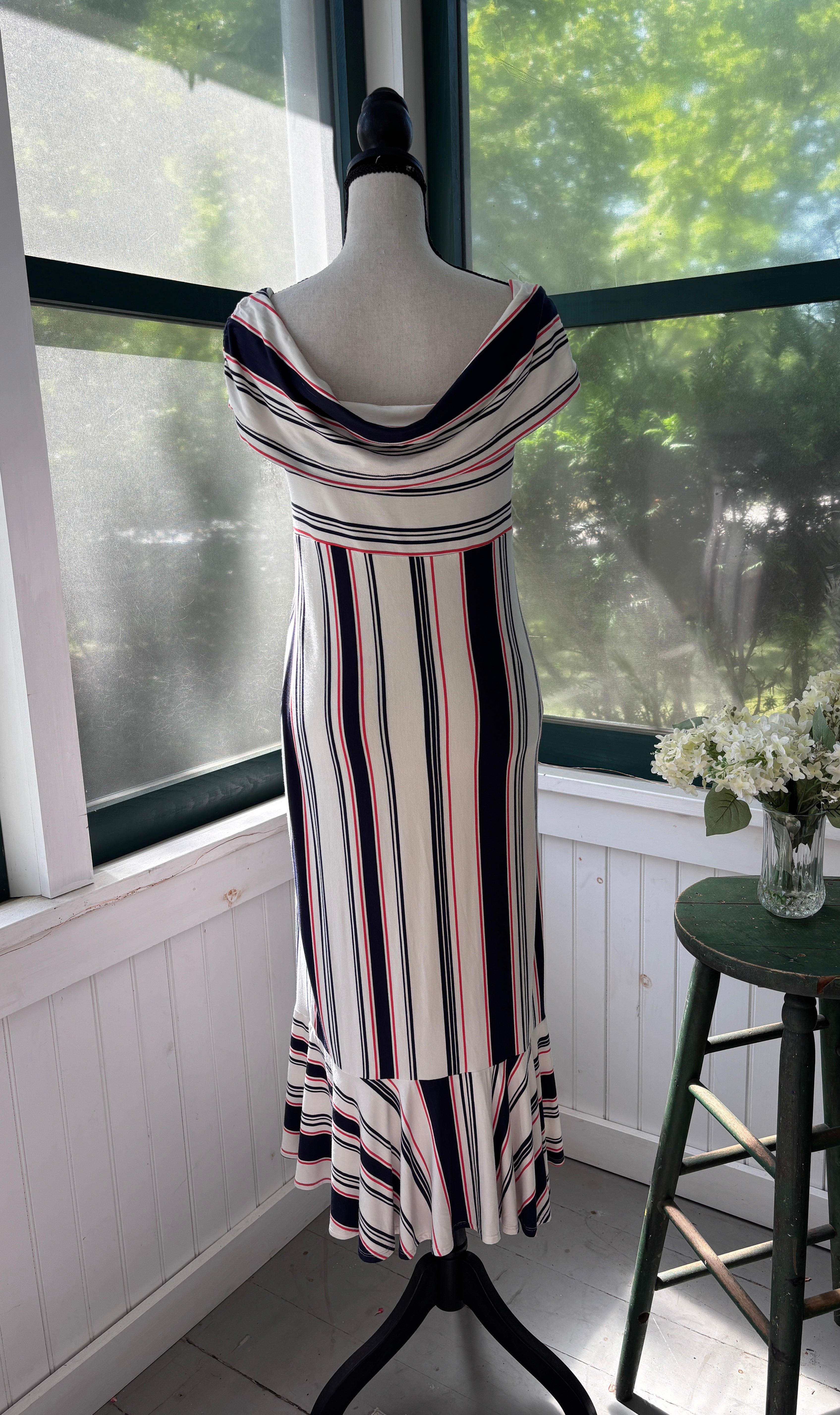 Ella Moss Striped Off-Shoulder Midi Dress | Navy, Red & White | Size M | Like New
