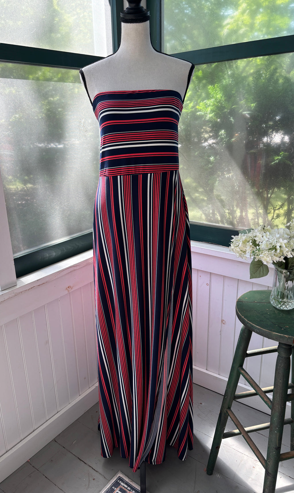 Banana Republic Striped Strapless Maxi Dress | Navy, Red & White | Size L | Like New