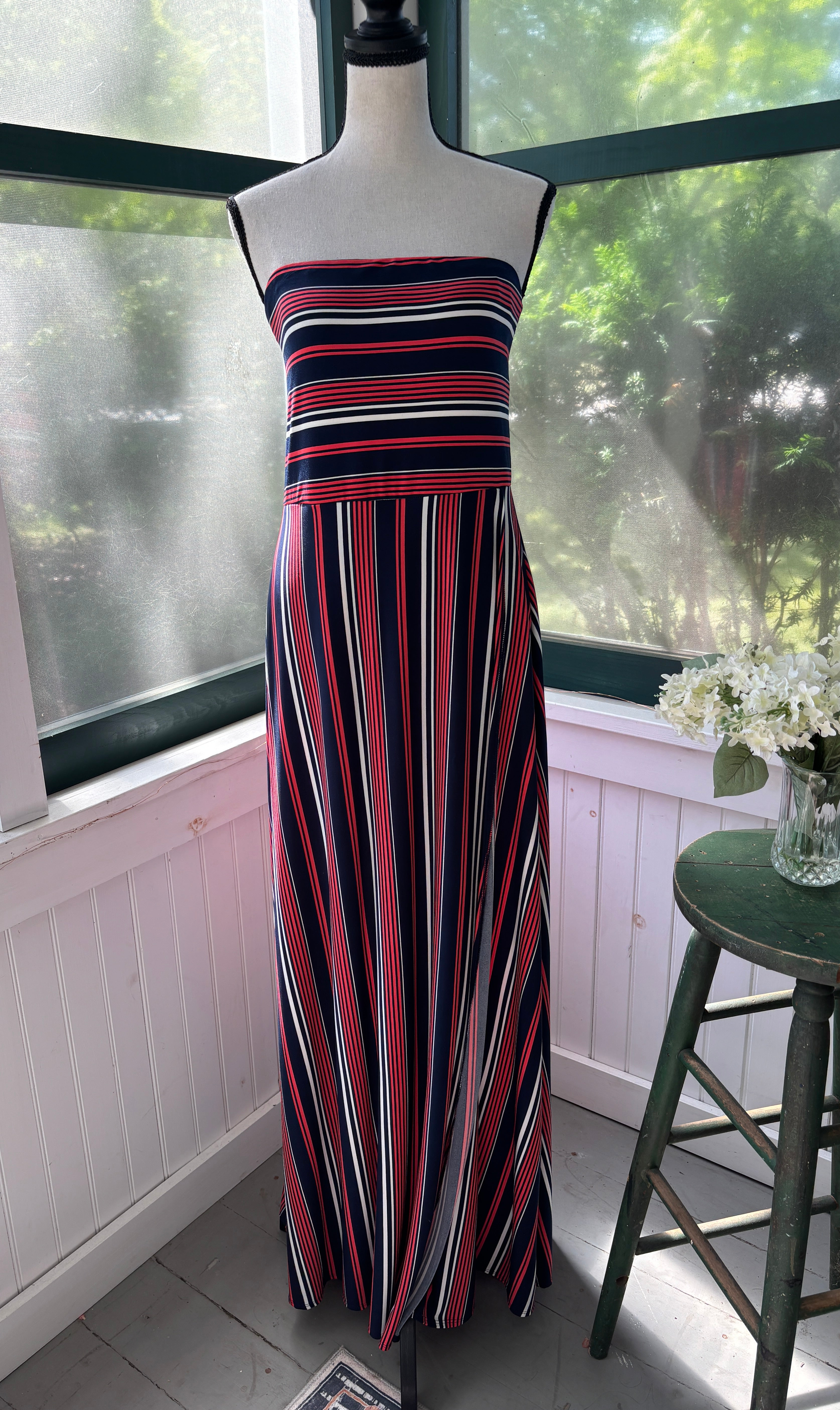 Banana Republic Striped Strapless Maxi Dress | Navy, Red & White | Size L | Like New