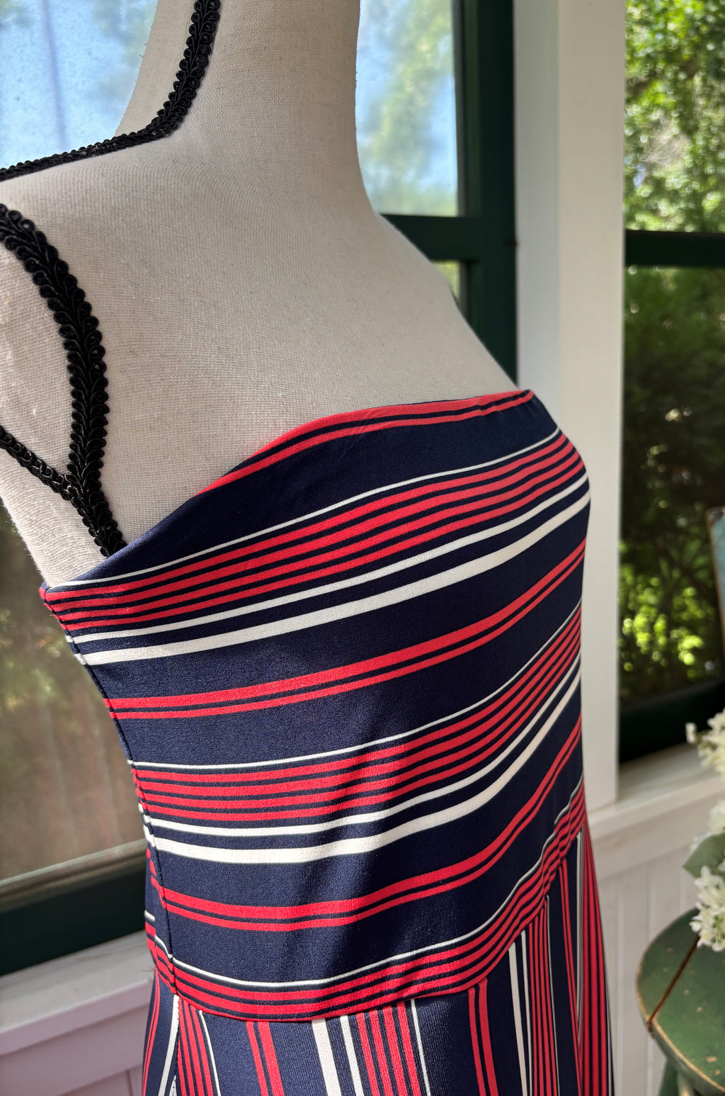Banana Republic Striped Strapless Maxi Dress | Navy, Red & White | Size L | Like New
