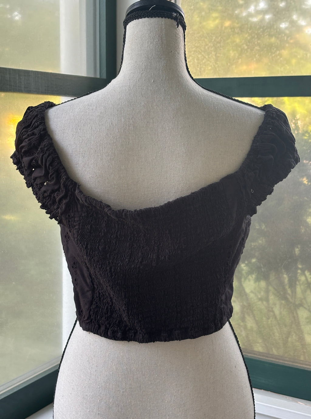 Free People Black Eyelet Off-Shoulder Smocked Crop Top | Size M | Like New