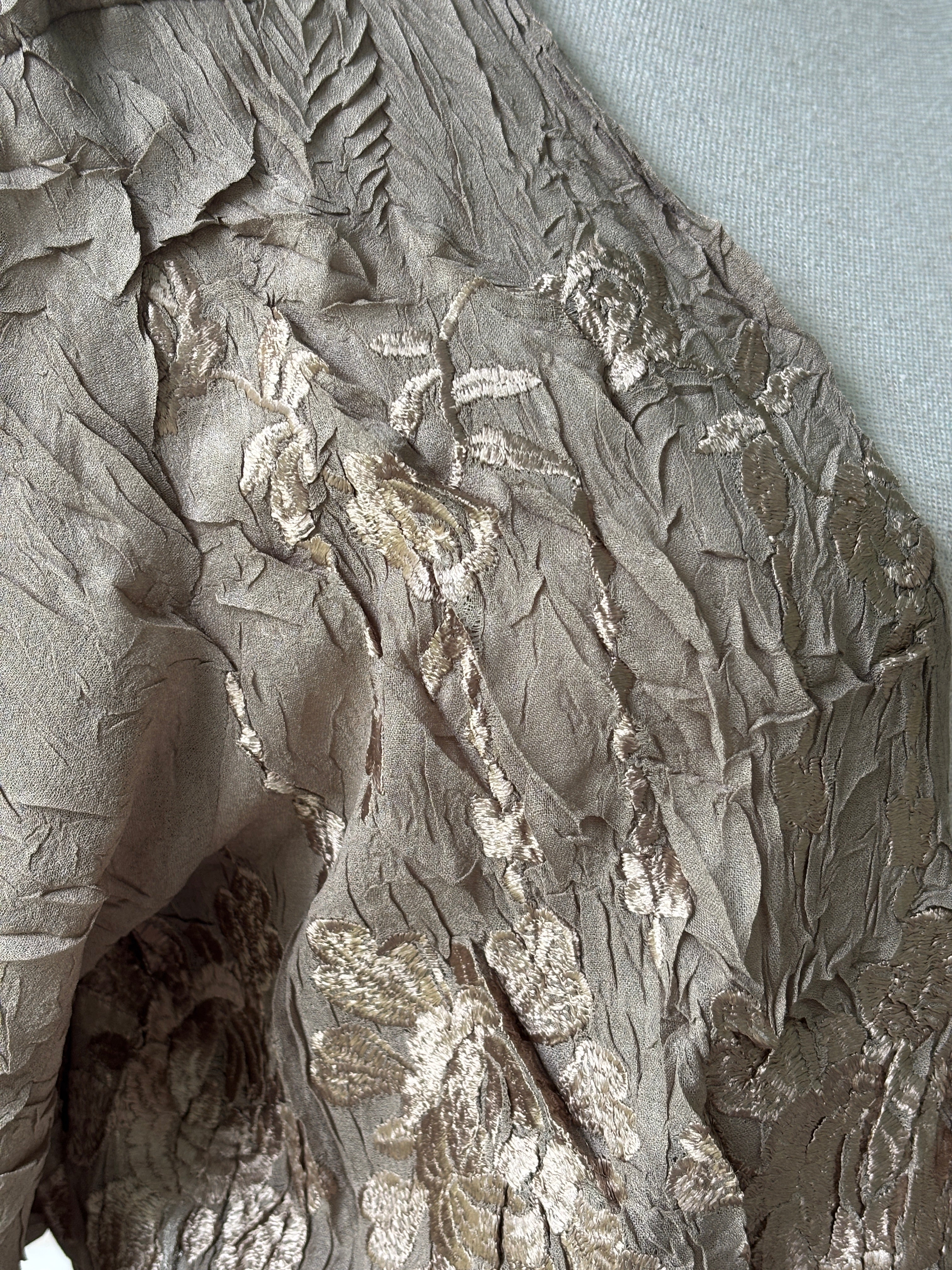 Komarov Crinkle Metallic Burnout Tie-Front Jacket | Taupe & Bronze | Size XL | Like New