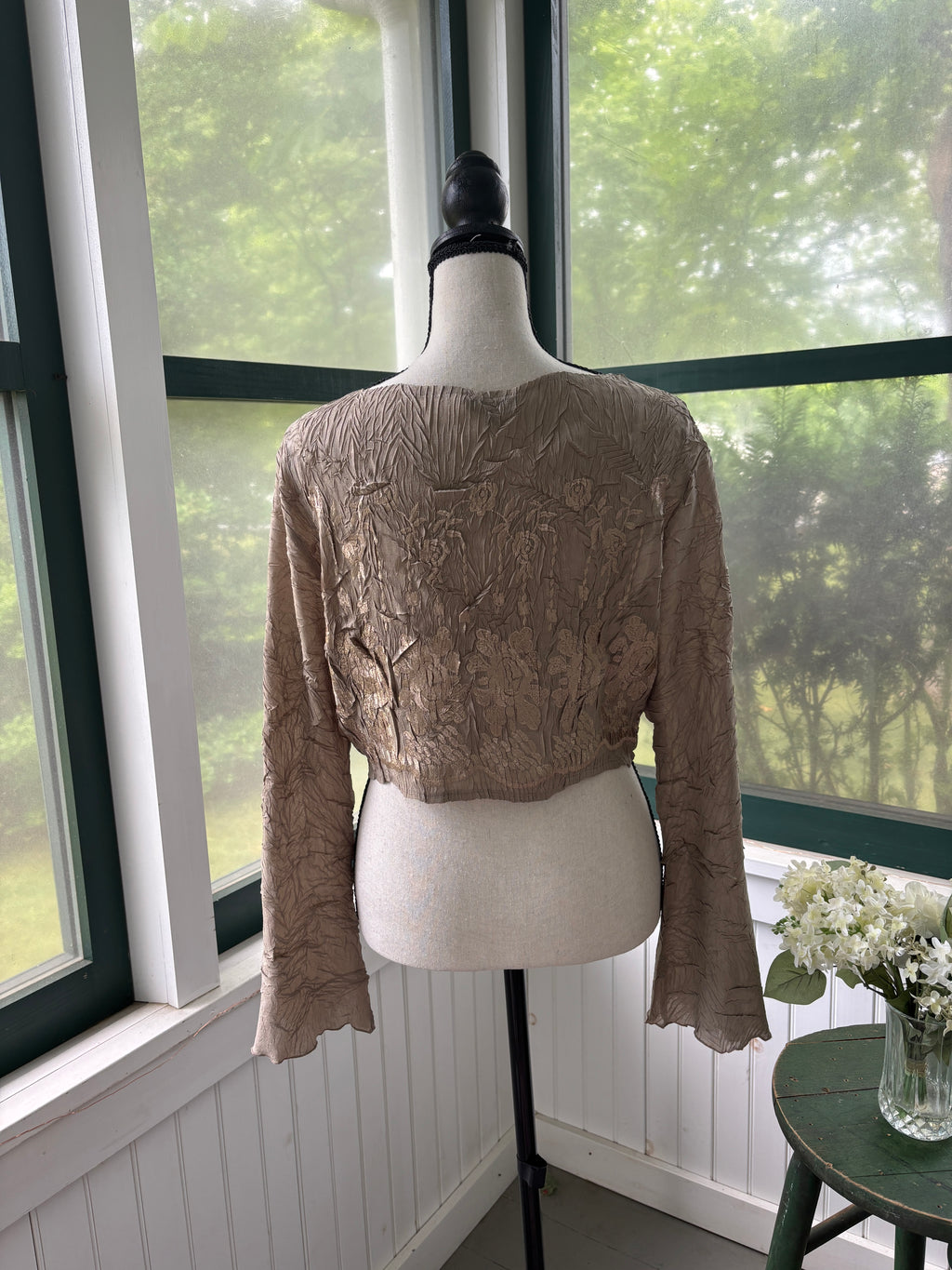 Komarov Crinkle Metallic Burnout Tie-Front Jacket | Taupe & Bronze | Size XL | Like New