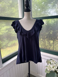 White House Black Market Navy Ruffle V-Neck Top | Size L | Like New