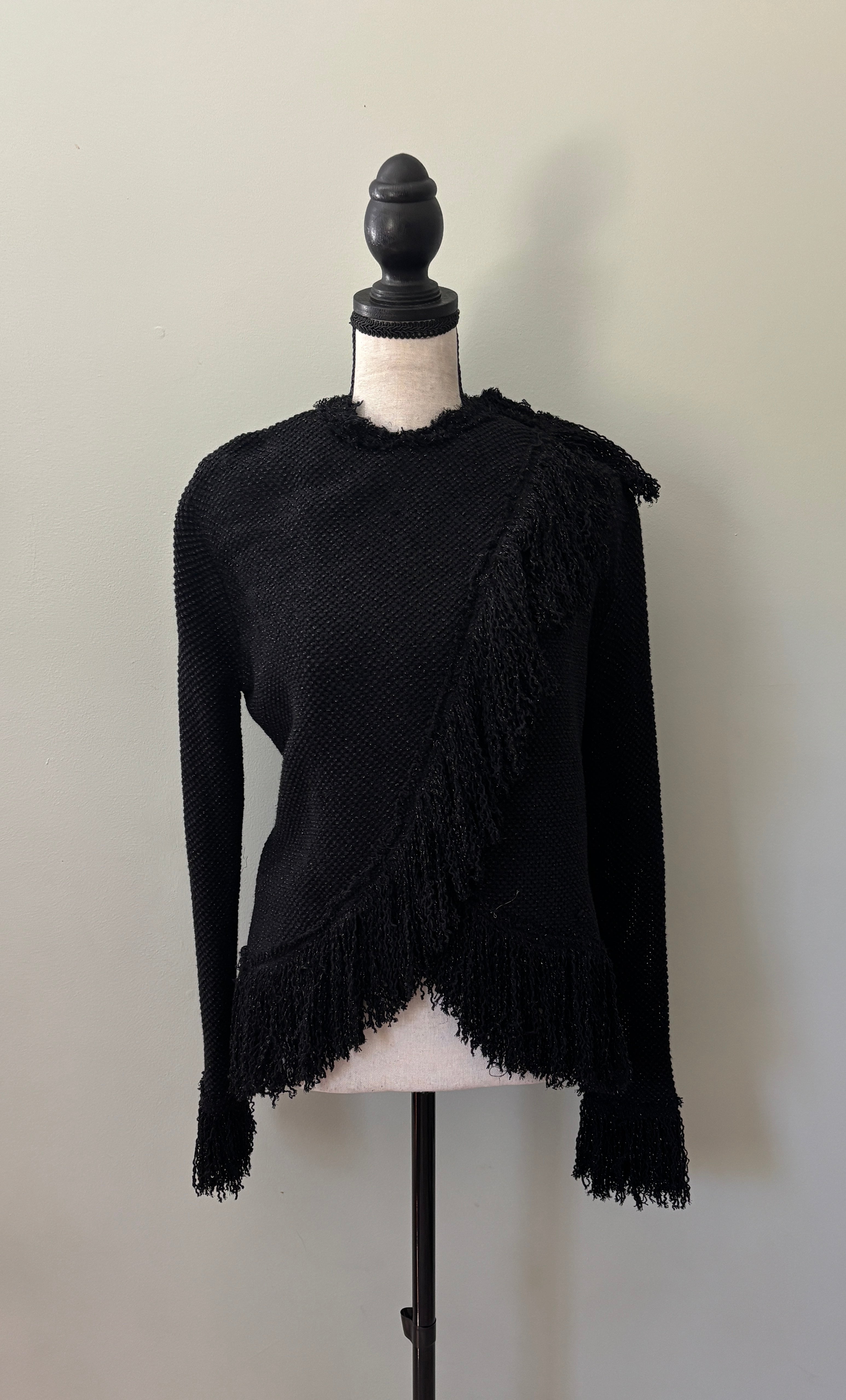 Zara Studio Black Fringe Trim Sweater Small NWT