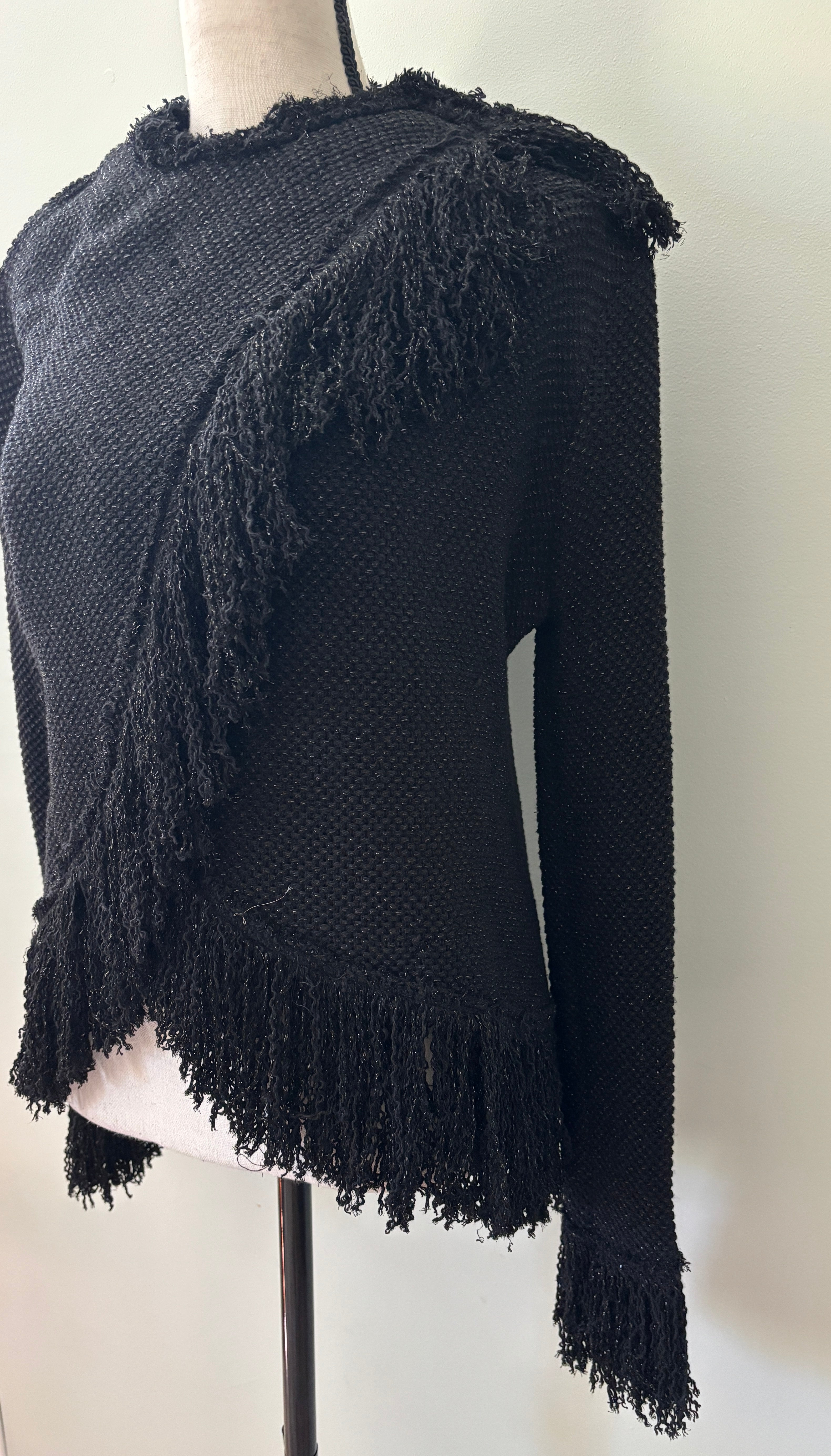 Zara Studio Black Fringe Trim Sweater Small NWT