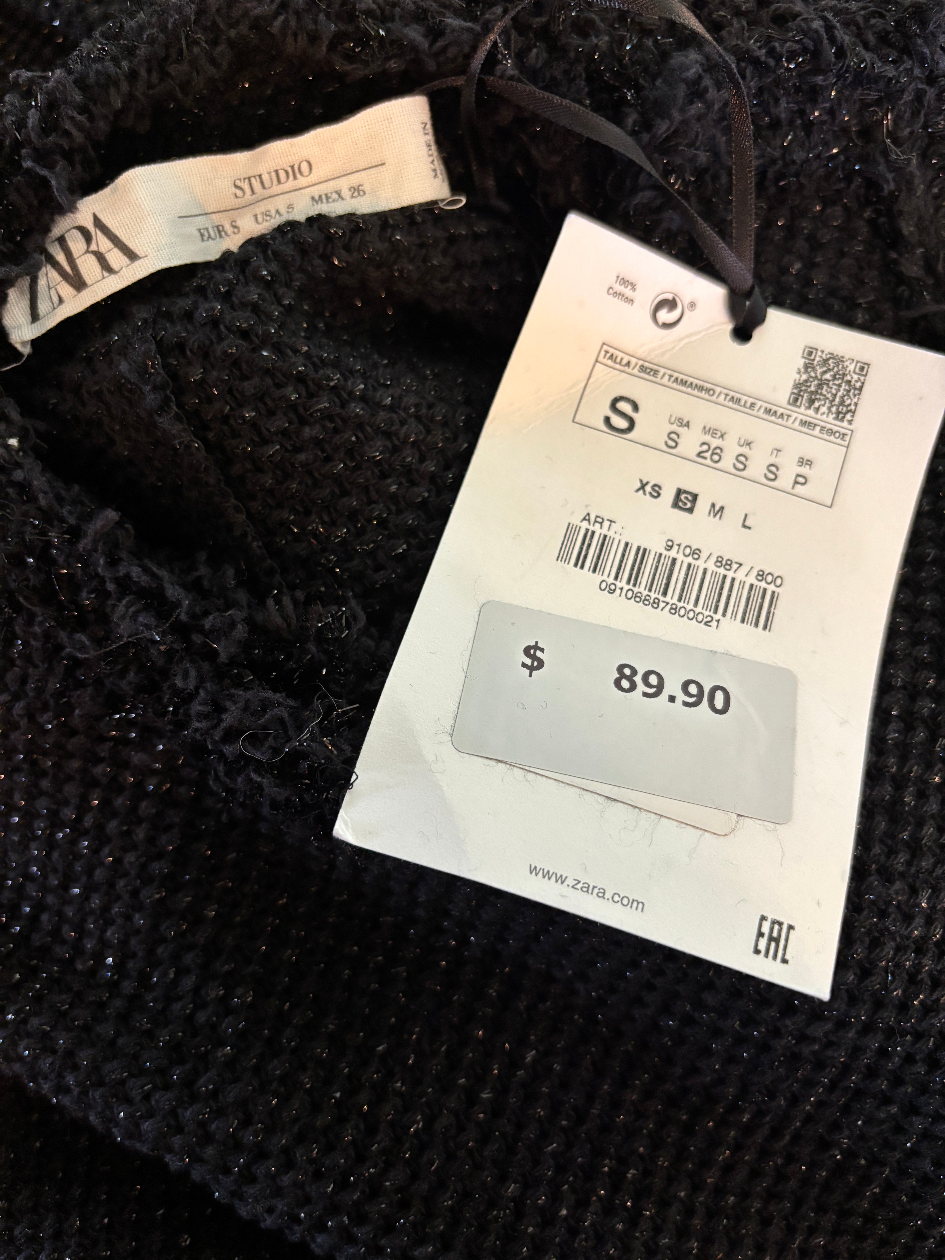 Zara Studio Black Fringe Trim Sweater Small NWT