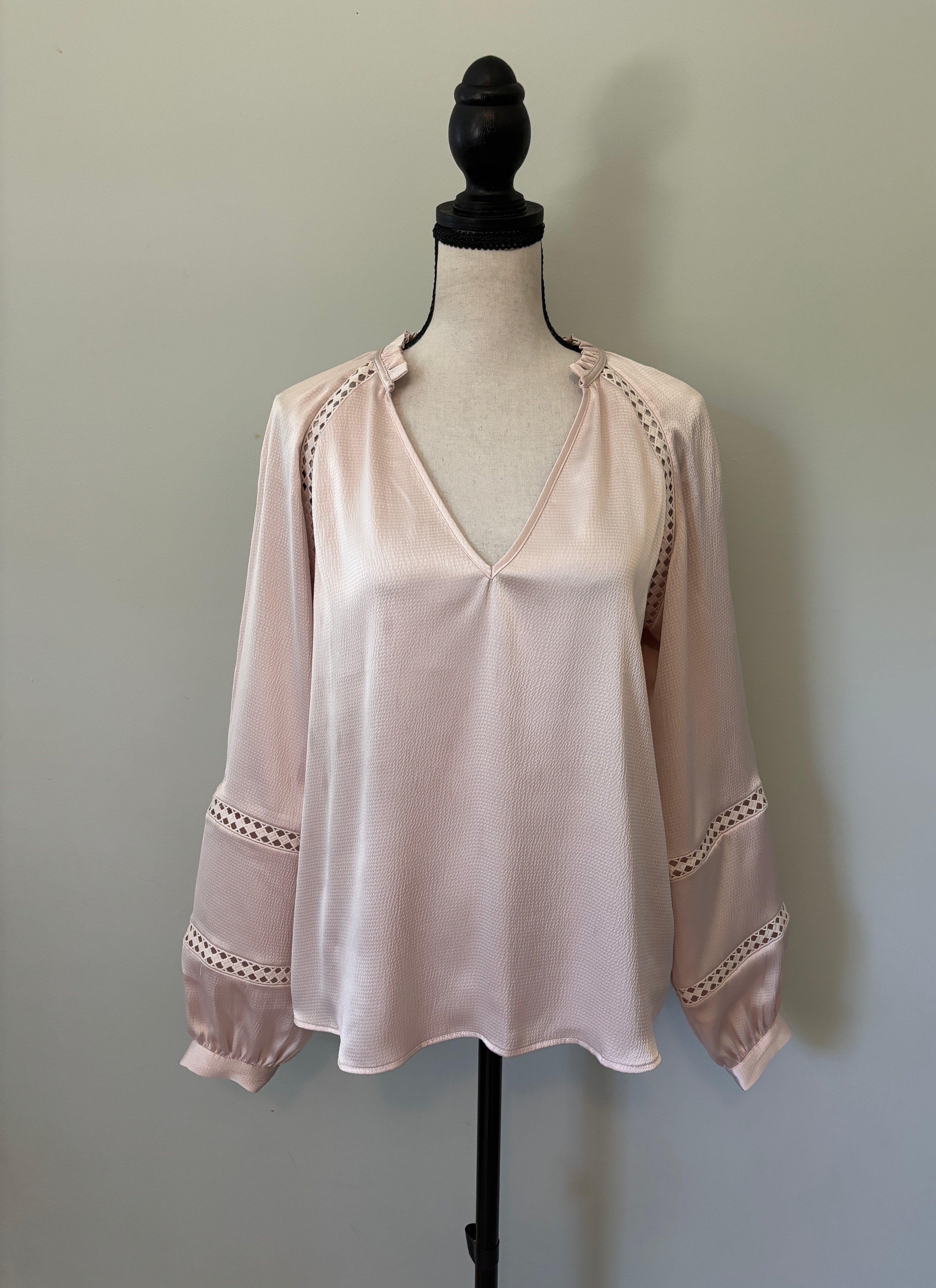 Caballero "Stella Top" Silky Lattice-Trim Blouse — NWT — S
