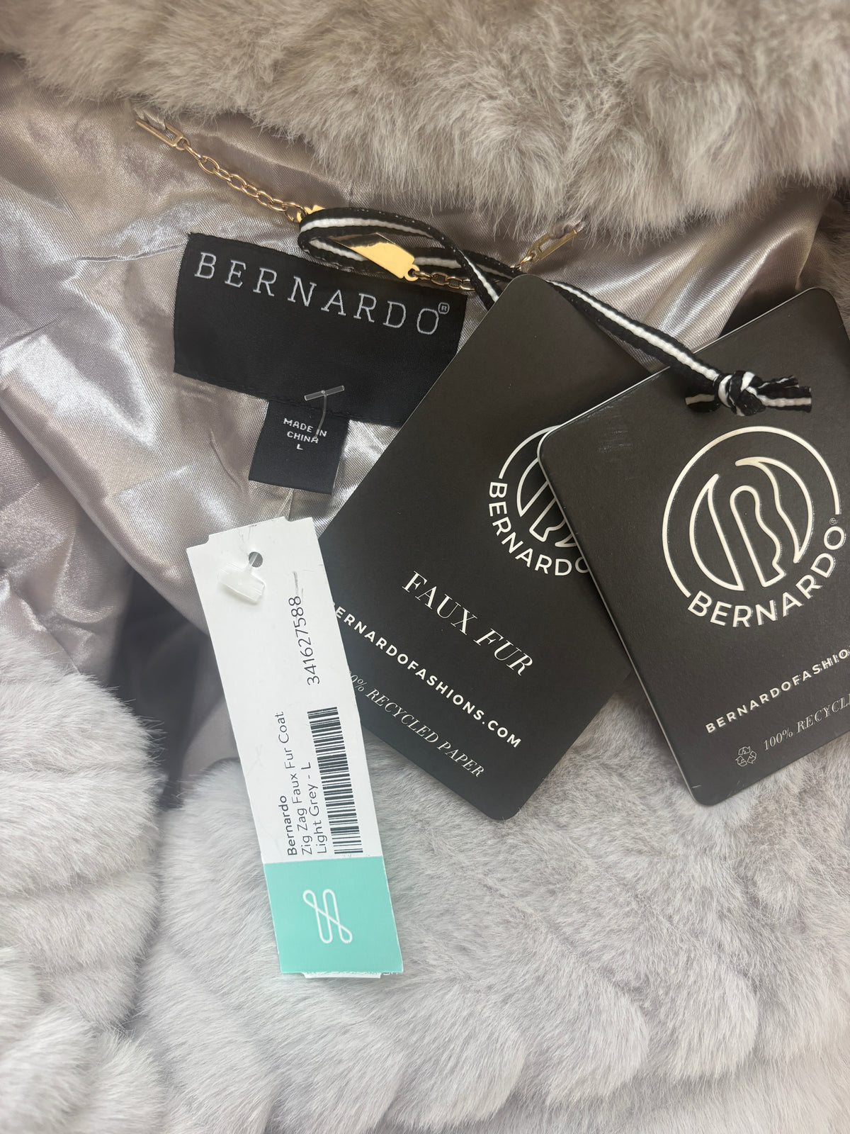 Bernardo Zig Zag Faux Fur Coat — Light Grey — Size L NWT