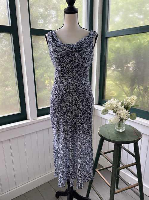 Abercrombie & Fitch navy ditsy floral cowl neck midi dress, front view on mannequin