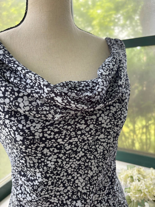 Close-up of cowl neckline on Abercrombie & Fitch navy floral midi dress