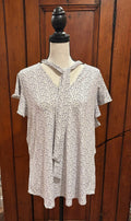 Adrianna Papell grey white blouse front view neck tie detail thrifted tops and blouses Sassy and Chic
