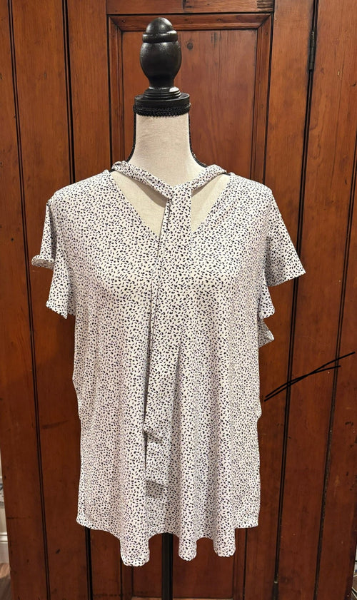 Adrianna Papell grey white blouse front view neck tie detail thrifted tops and blouses Sassy and Chic
