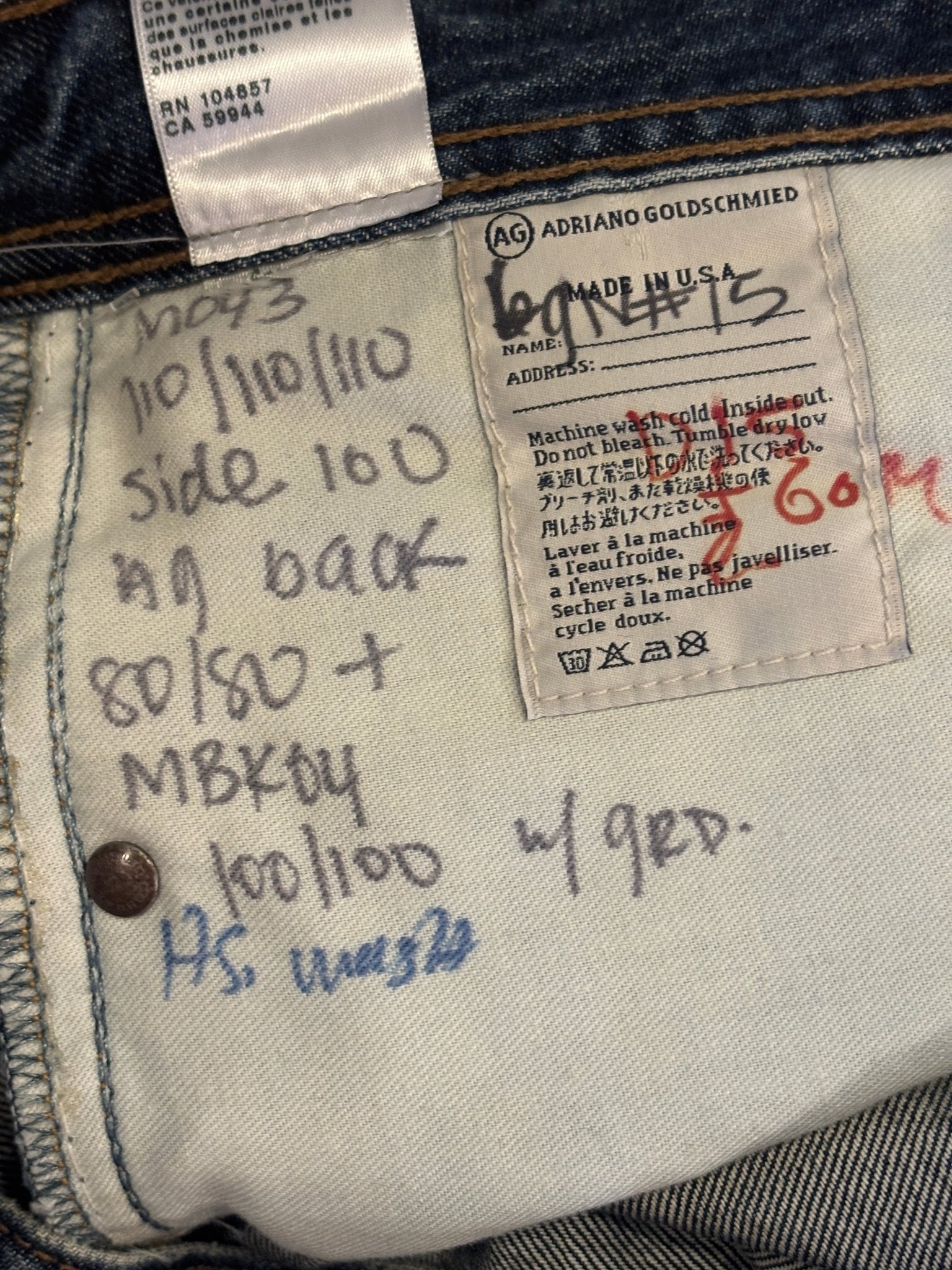 Care label for AG Adriano Goldschmied straight leg jeans