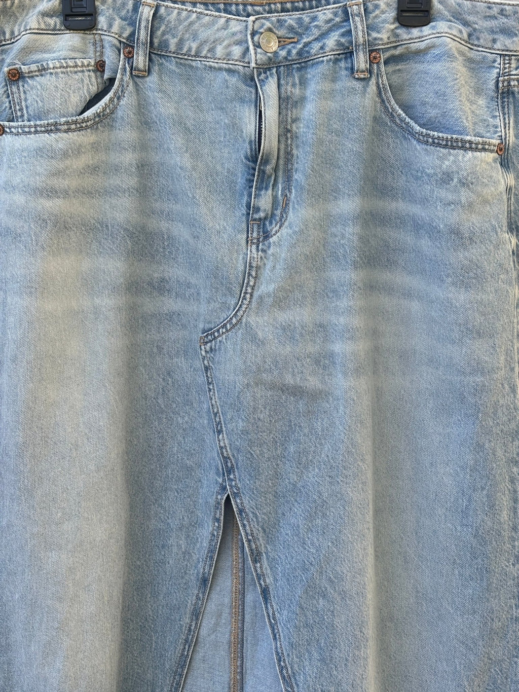 Detail of five-pocket waistband and zipper fly on American Eagle denim maxi skirt size 14