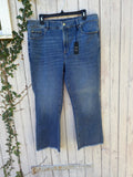 Ann Taylor Kick Crop high rise jeans in medium wash hanging on fence, front view showing slight flare and raw frayed hem, size 16 NWT