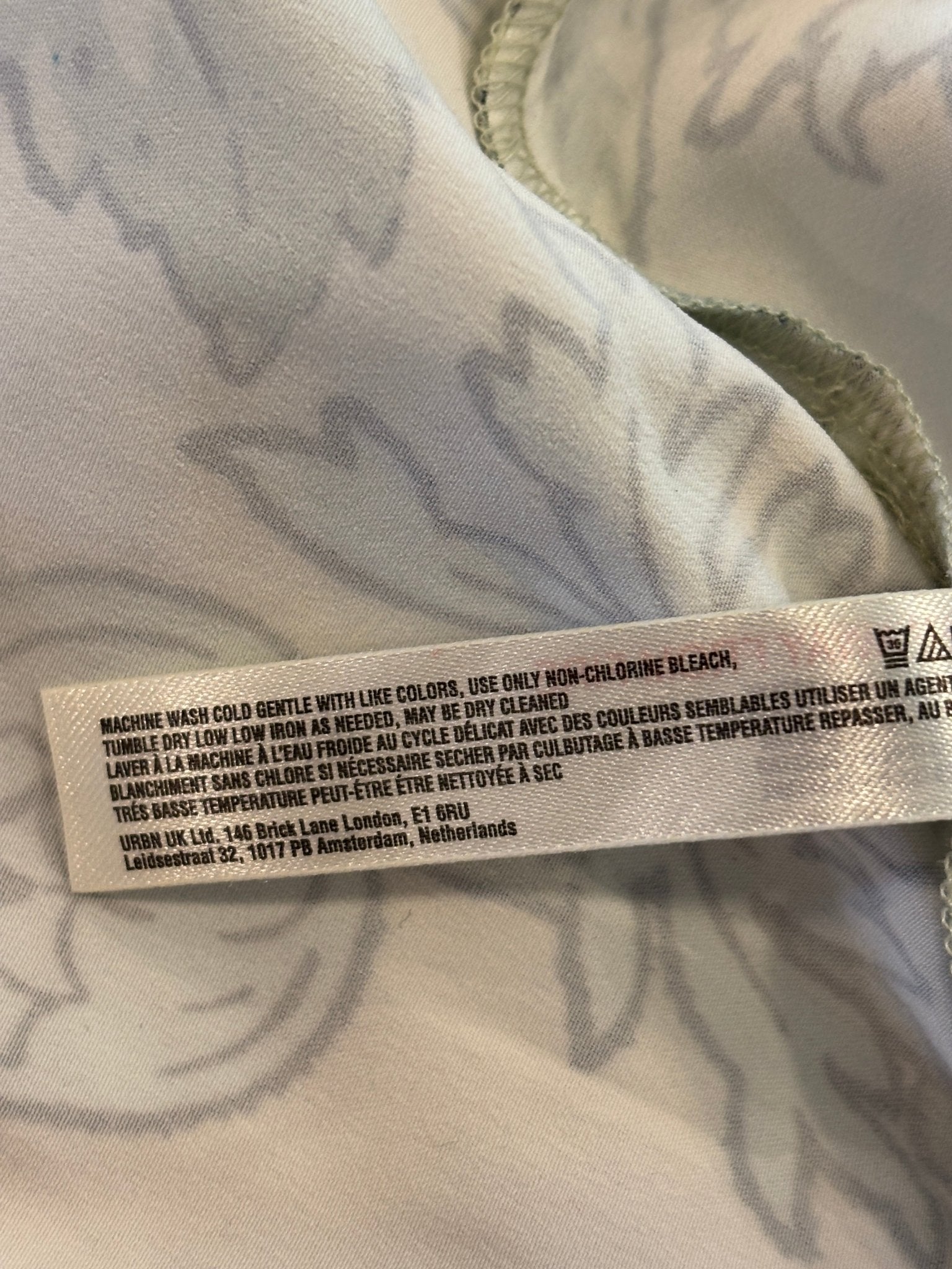 Care label reverse showing URBN UK manufacturing details