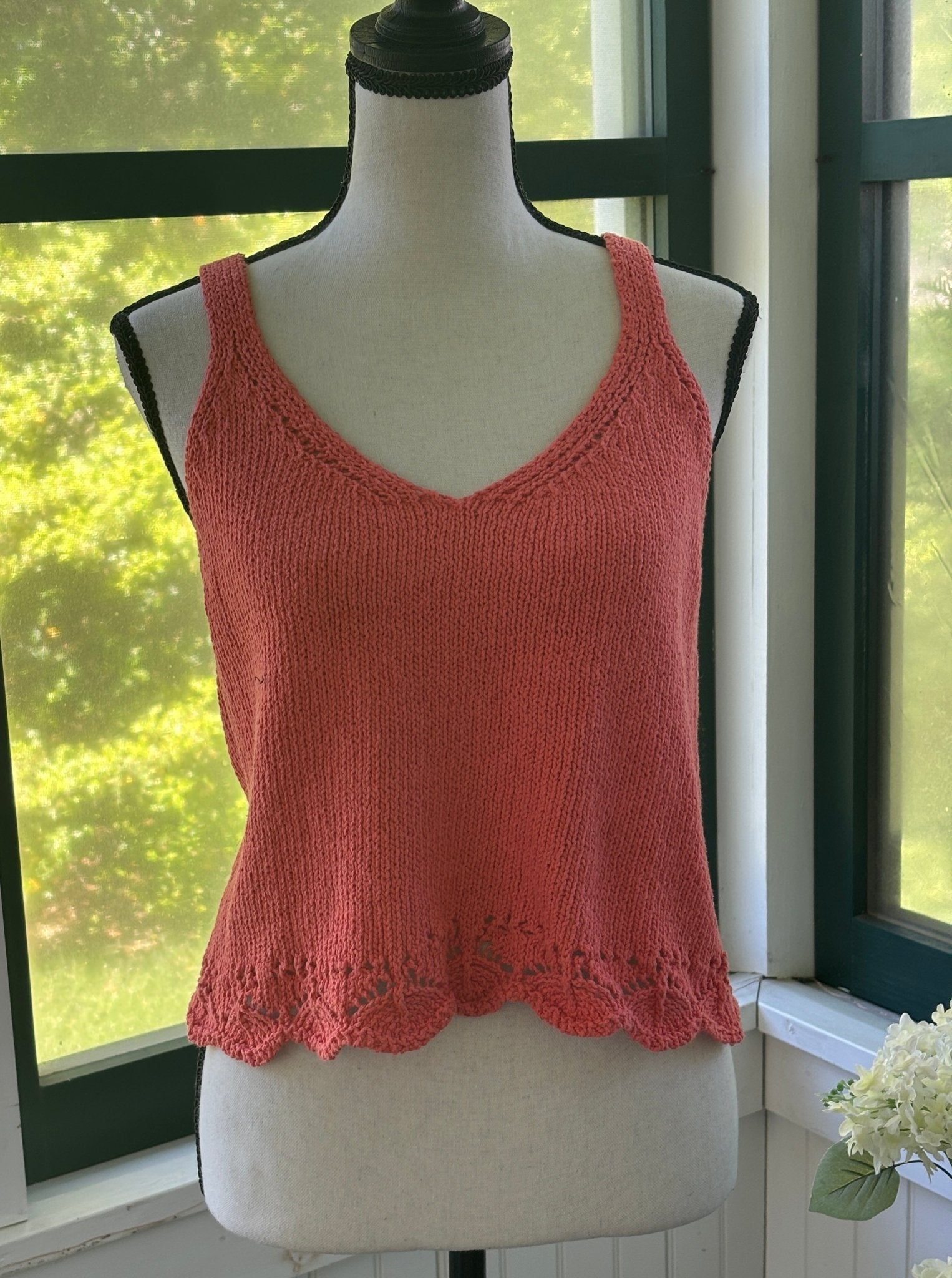 Aqua knit tank top coral V neck lace scallop hem women's size small new with tags front view Sassy and Chic