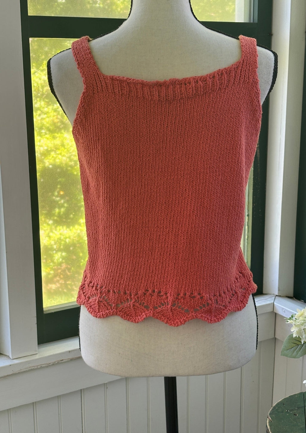 Aqua coral knit tank top back view showing square neckline and lace scallop hem, size small