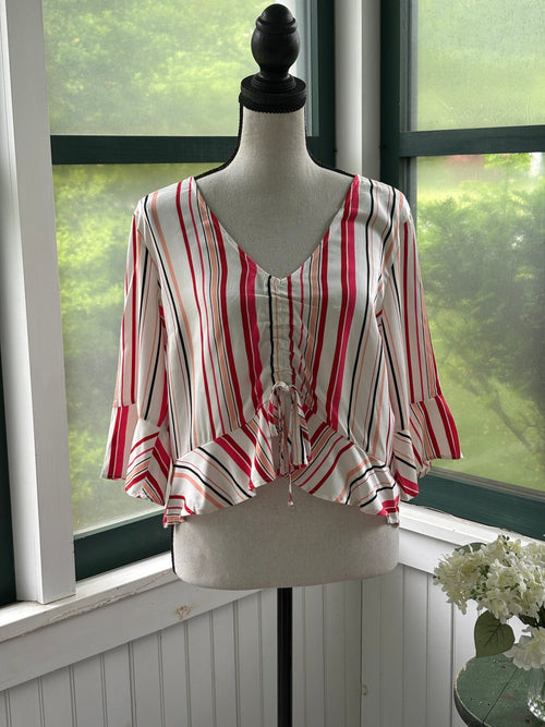 BB Dakota ivory stripe ruffle bell sleeve boho crop top front view new with tags size medium Sassy and Chic