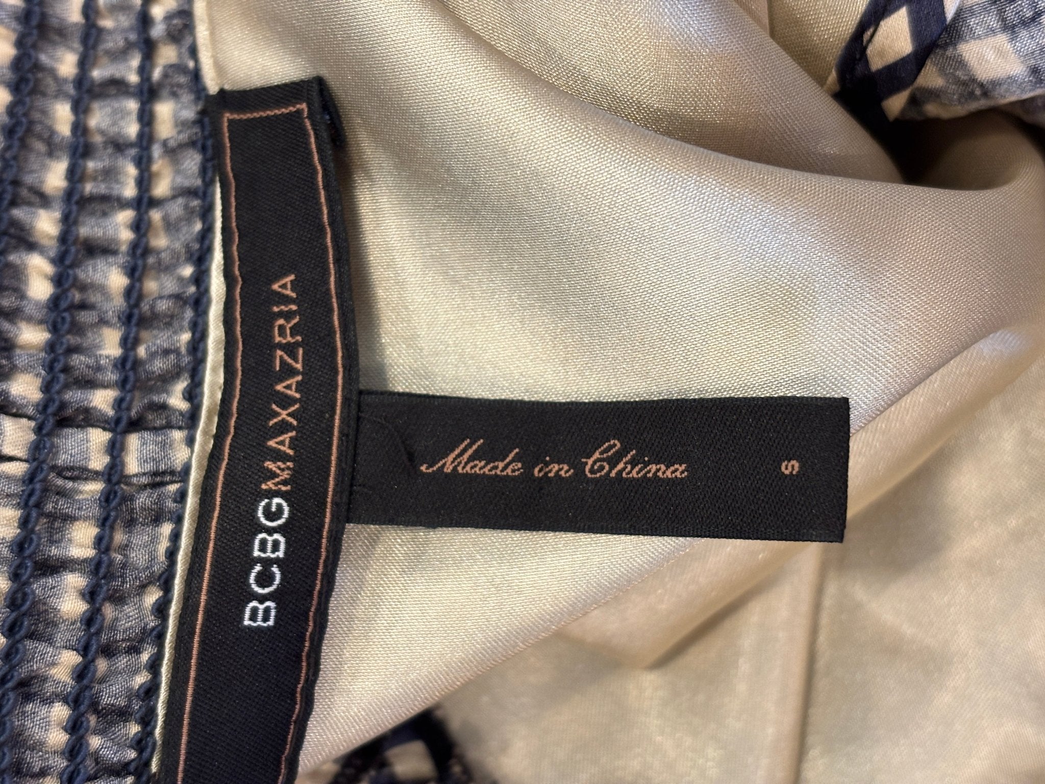 BCBG Max Azria brand label and size Small tag on interior of dress