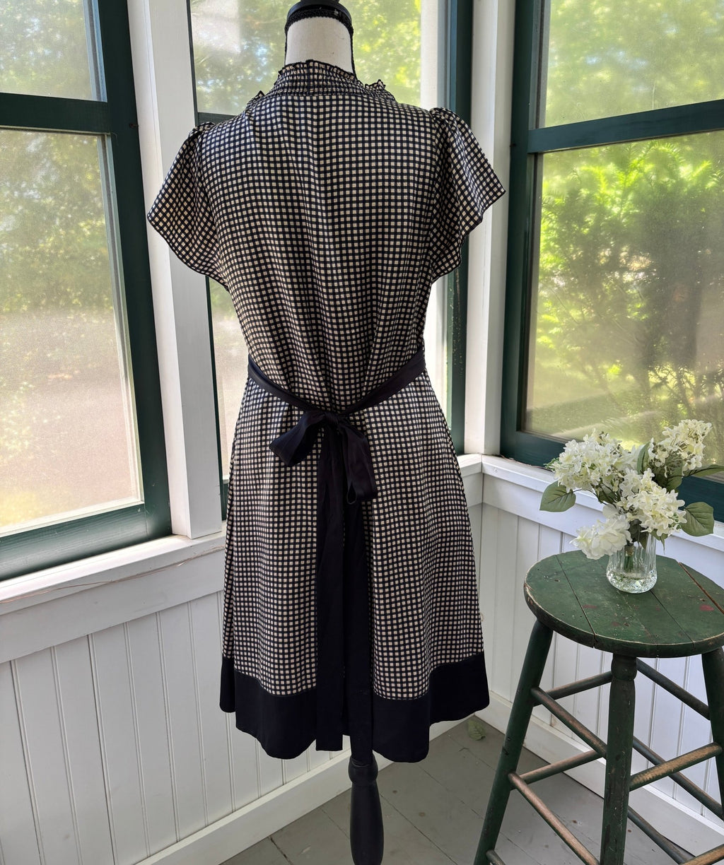 Full back view of BCBG Max Azria silk gingham dress showing black grosgrain sash tie