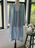 Bella Tu Petra tunic dress in sky blue sequin stripe, size small, front view on mannequin