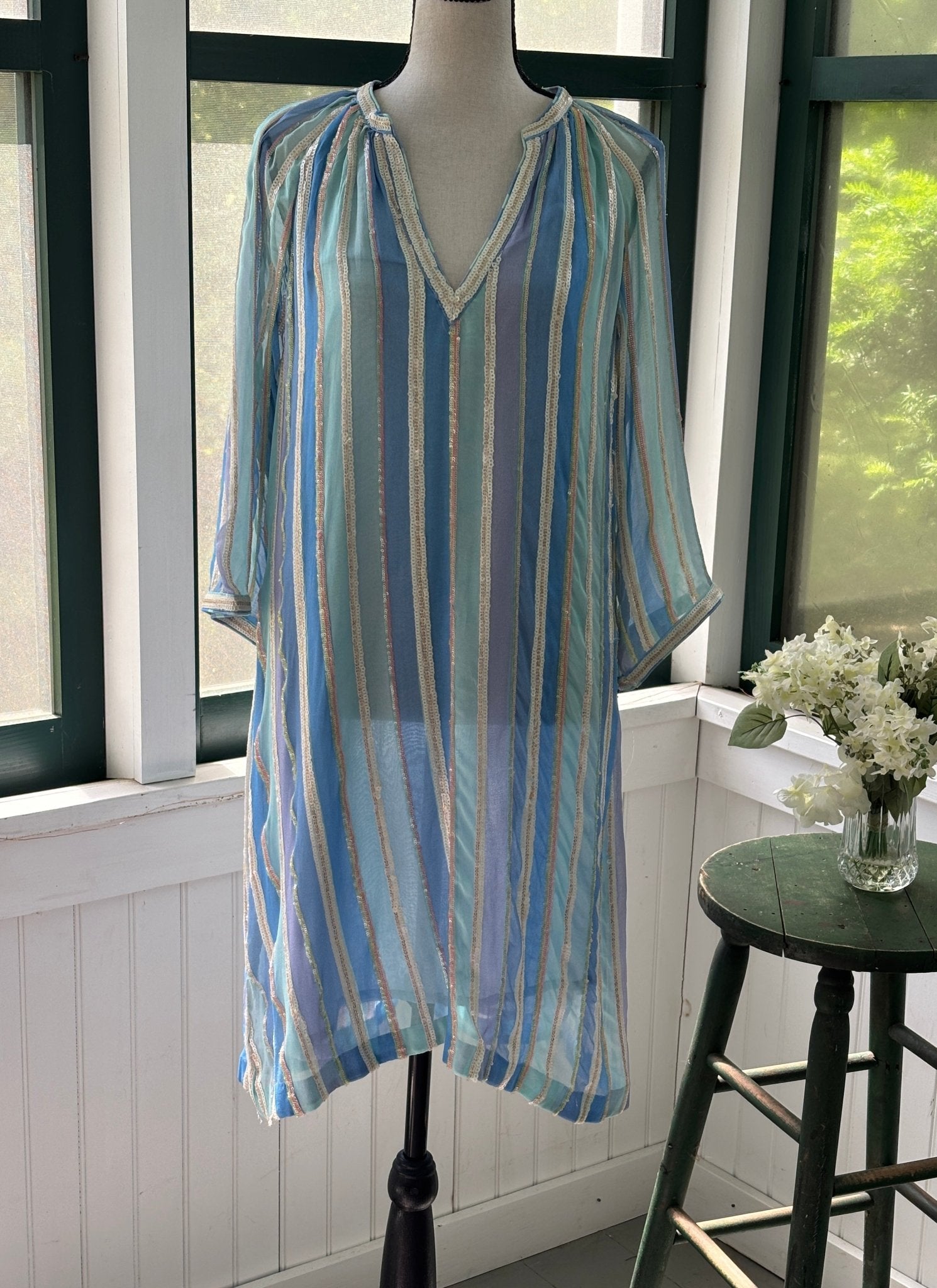 Bella Tu Petra tunic dress in sky blue sequin stripe, size small, front view on mannequin